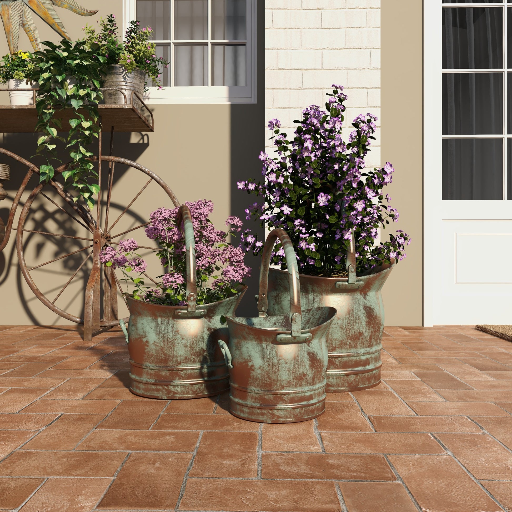 Set of 3 Copper Metal Patina Tulip Style Bucket Indoor Outdoor Planter with Stationary Handles