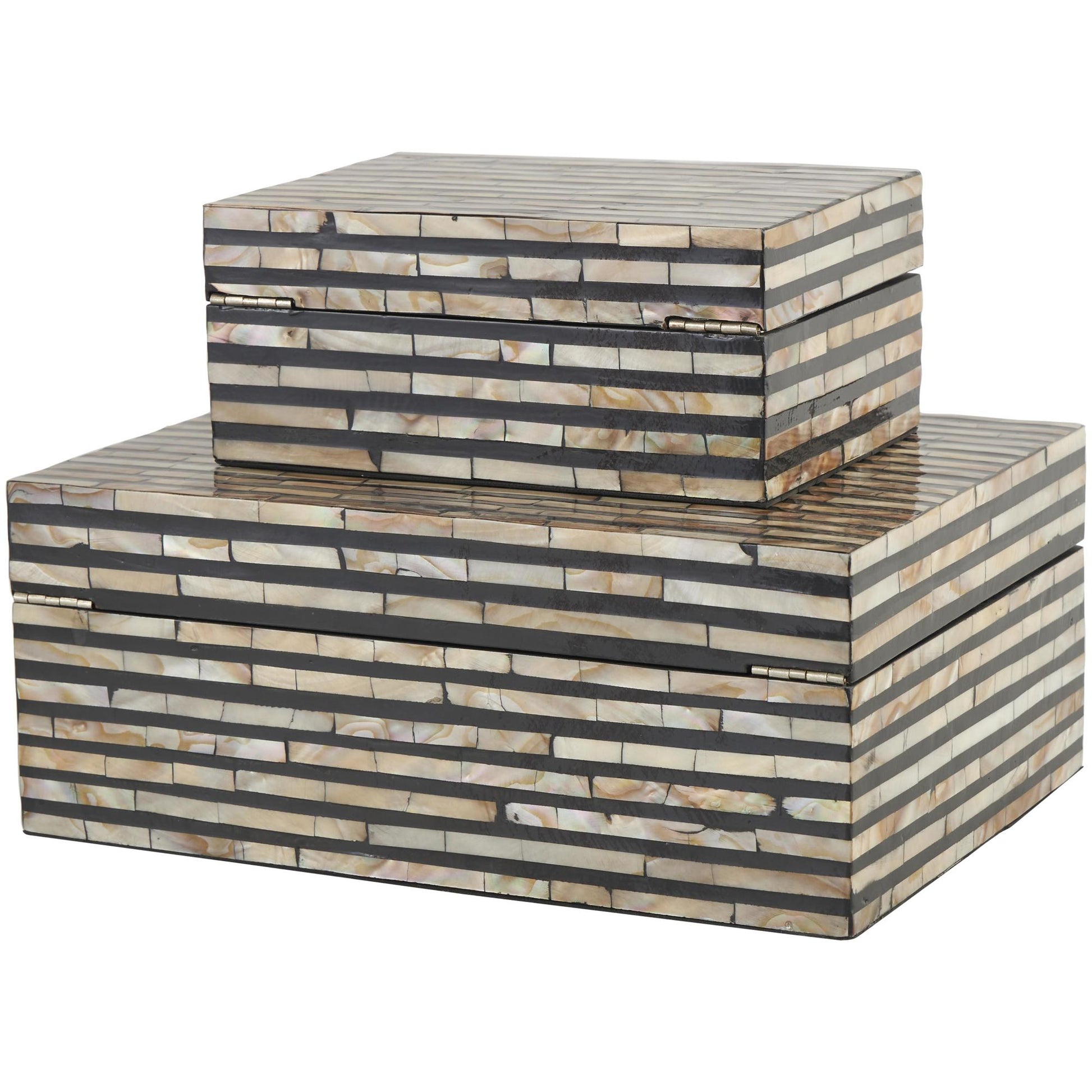 Set of 2 Beige Mother of Pearl Shell Handmade Decorative Box with Linear Mosaic Pattern and Hinged Lid