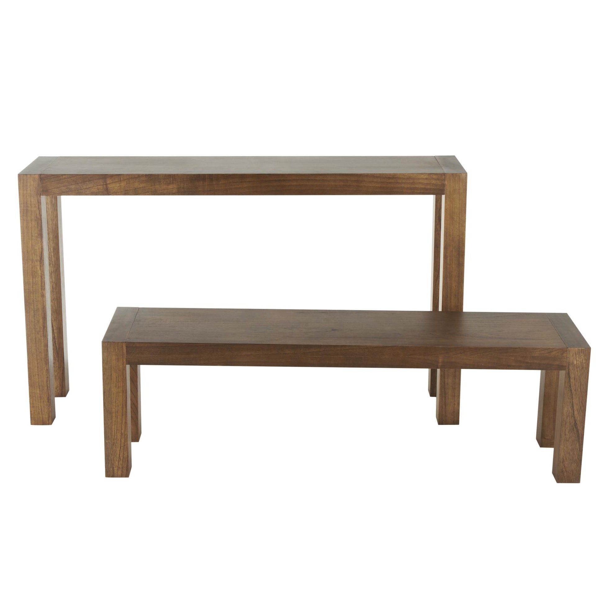 Set of 2 Brown Wood Rectangular Living Room Console Table with Bench