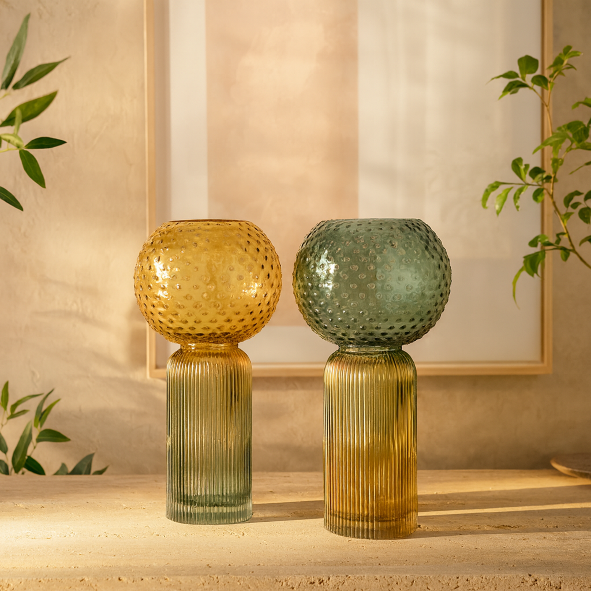 Set of 2 Geometric Multi Colored Glass Ribbed Ombre Decorative Vase