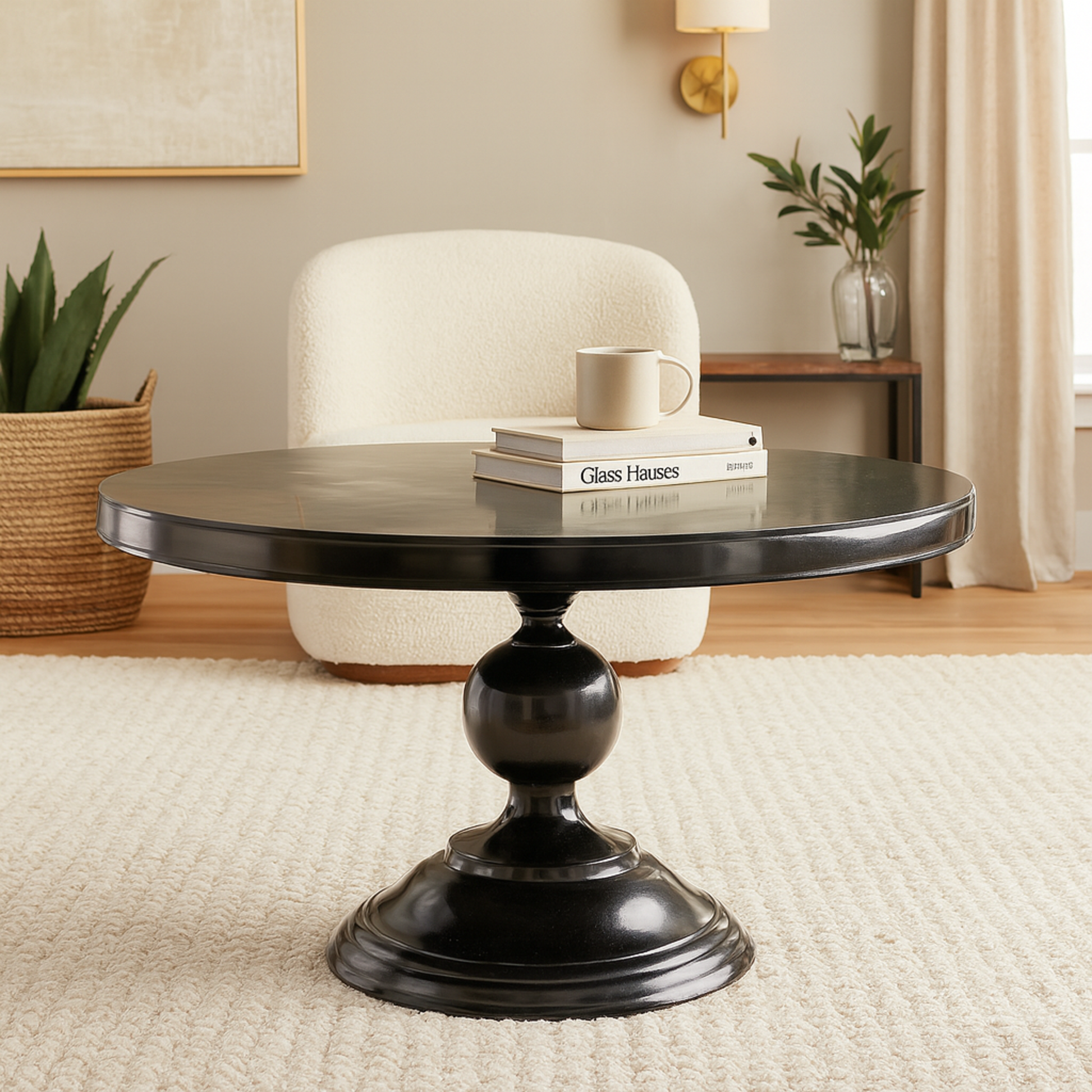 Aluminum Metal Sleek Ball Centered Base Living Room Coffee Table with Pedestal Base 30" x 30" x 19"