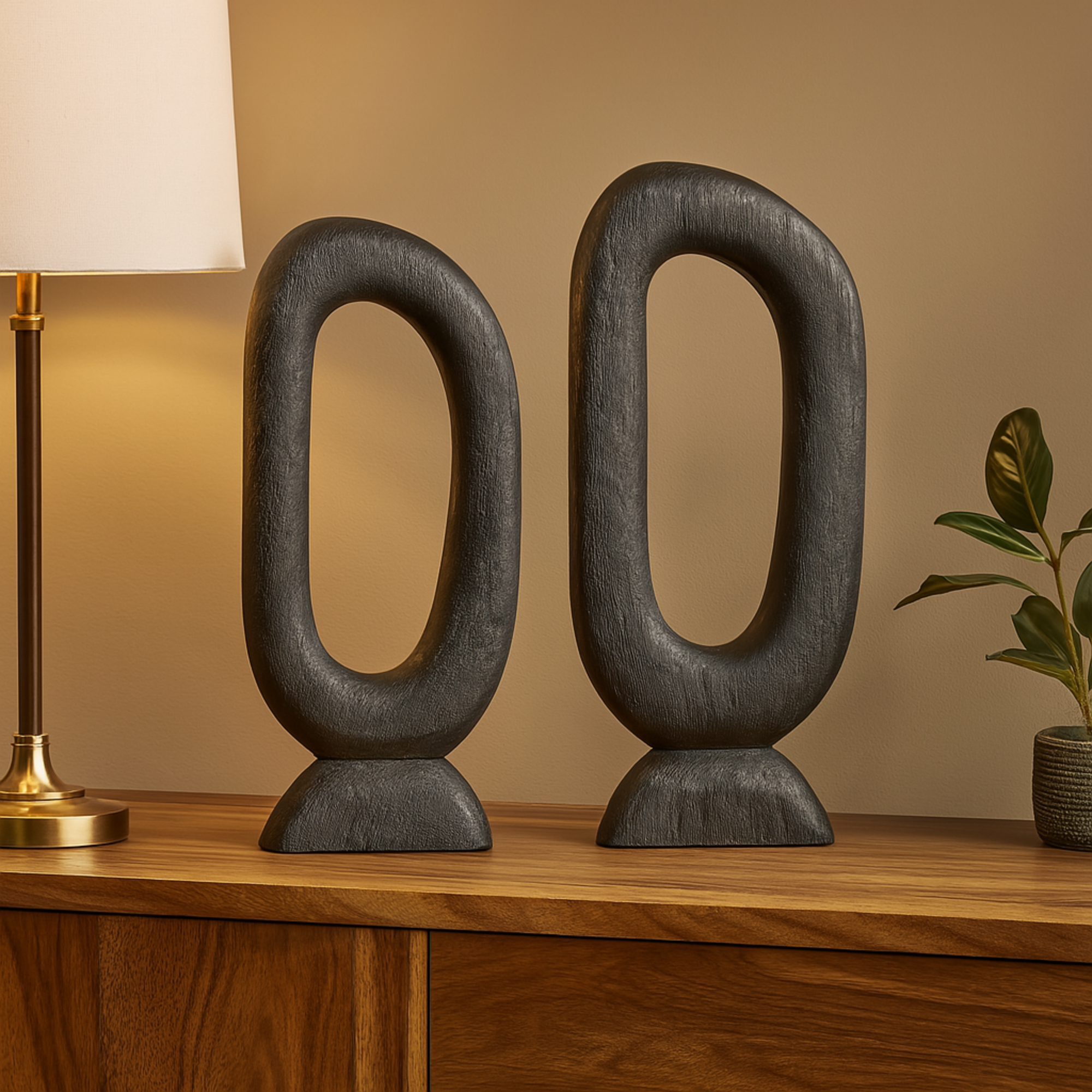 Set of 2 Abstract Black Mango Wood Cutout Oval Decorative Sculpture