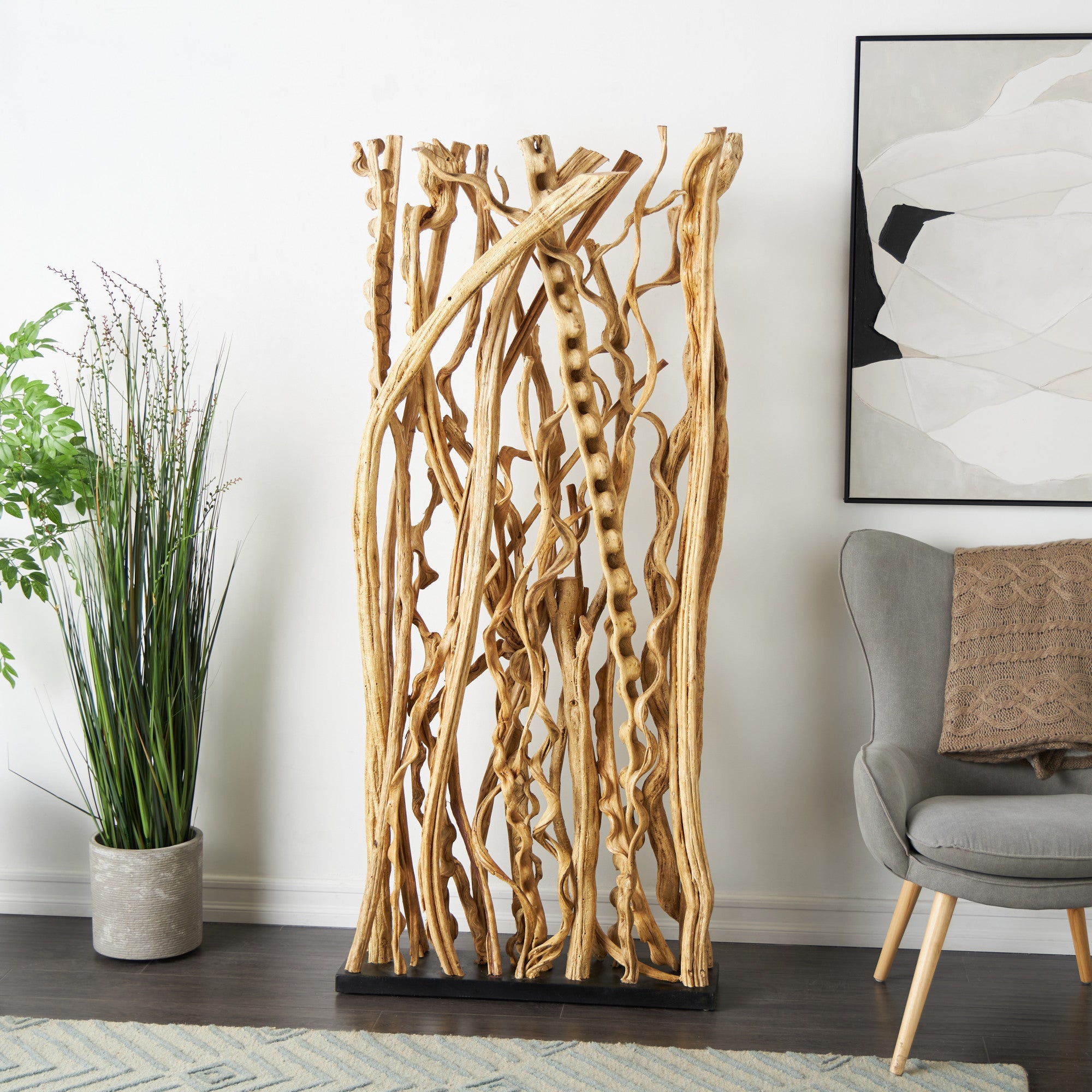 Tree Brown Wood Handmade Single Panel Partition Room Divider Screen with Raw Branches and Black Base