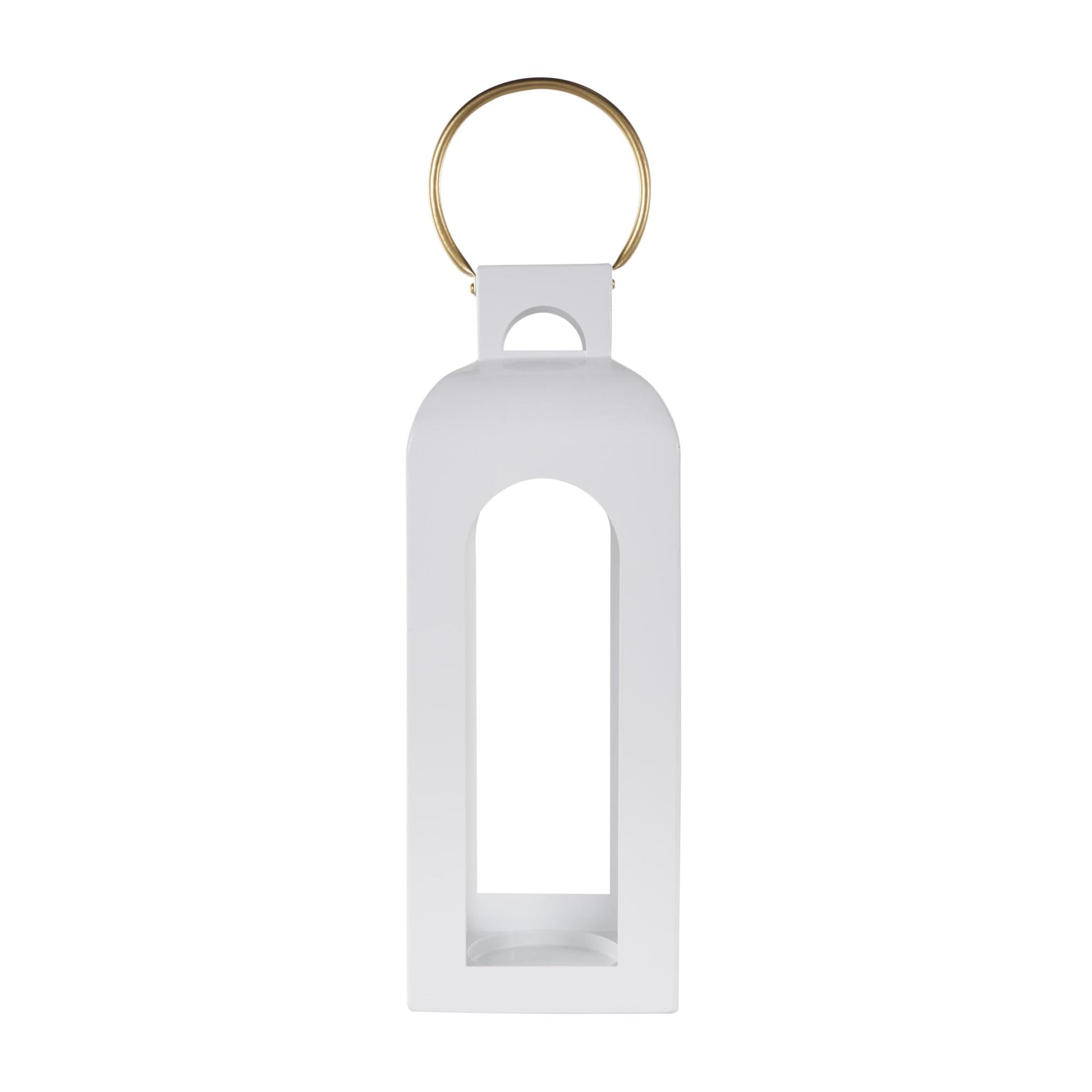 White Metal Tall Arched Cutout Indoor Outdoor Candle Lantern with Gold Handle