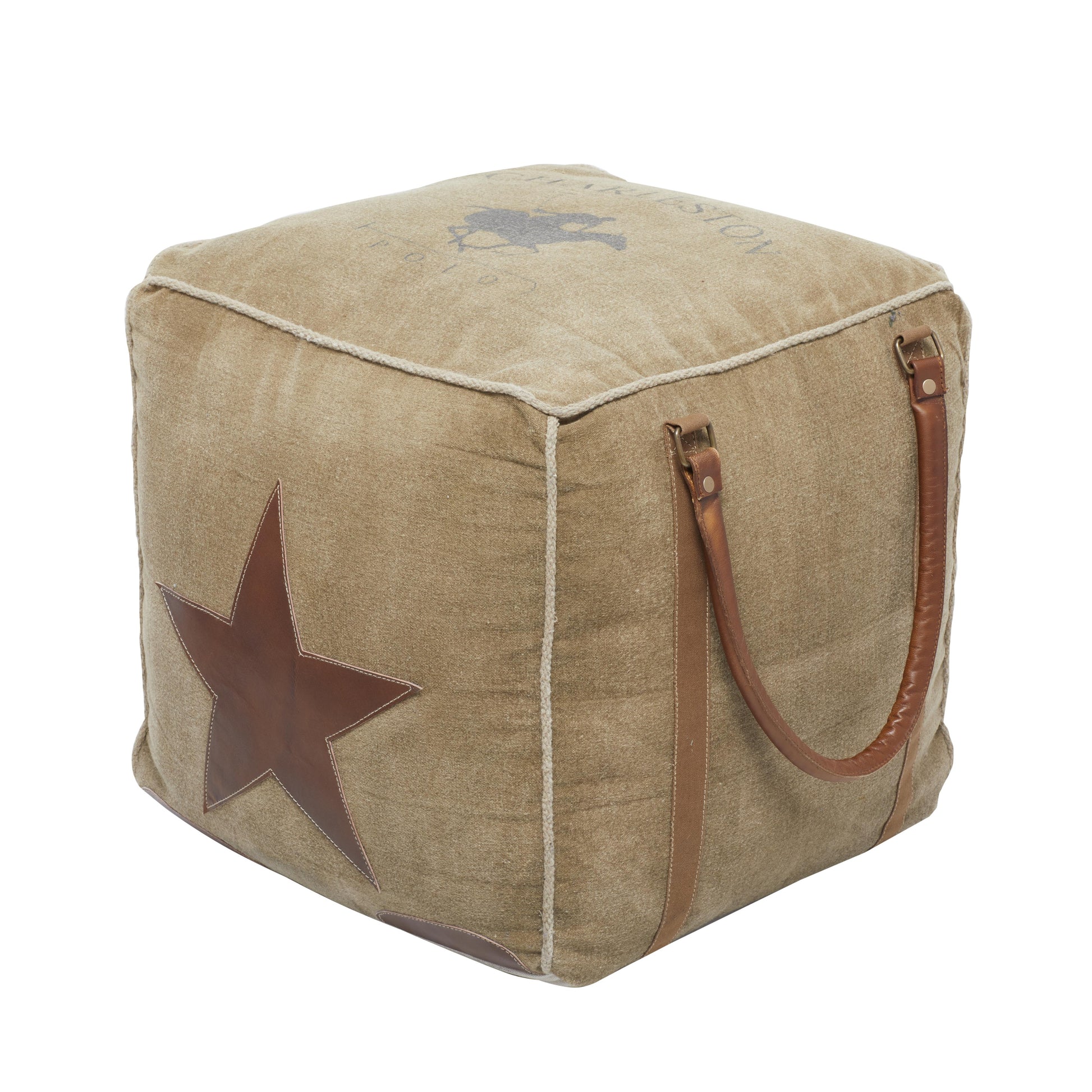 Star Canvas Stuffed Pouf with Leather Accents