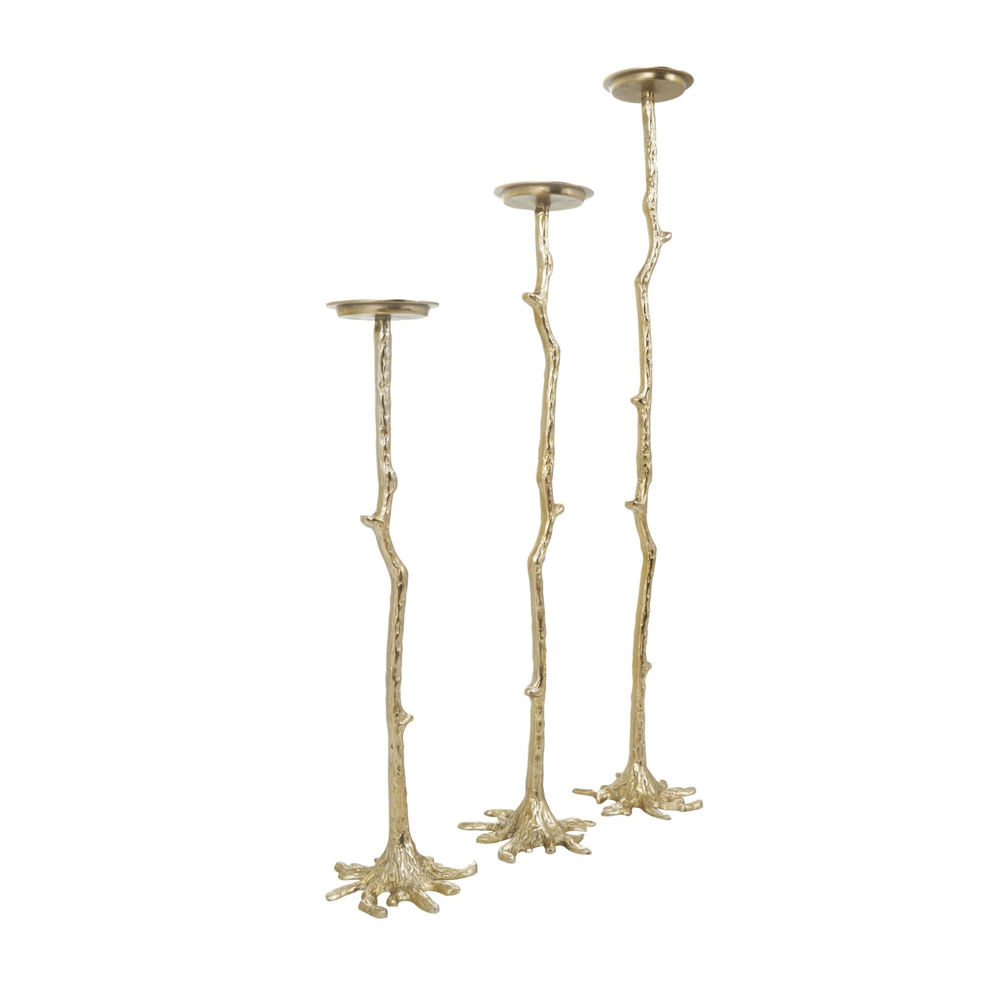 Set of 3 Abstract Gold Aluminum Metal Tall Floor Decorative Candle Holder with Stick Inspired Design