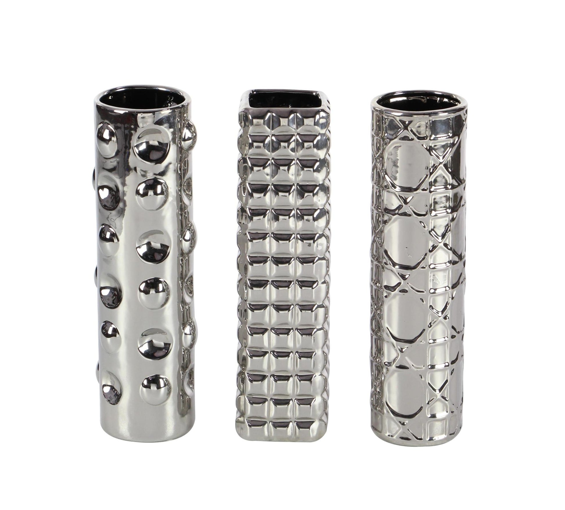 Set of 3 Geometric Silver Ceramic Decorative Vase with Varying Patterns