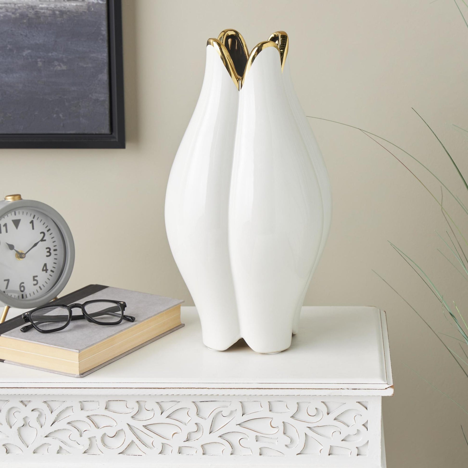 Floral White Ceramic Dimensional Shaped Decorative Vase with Metallic Gold Rim