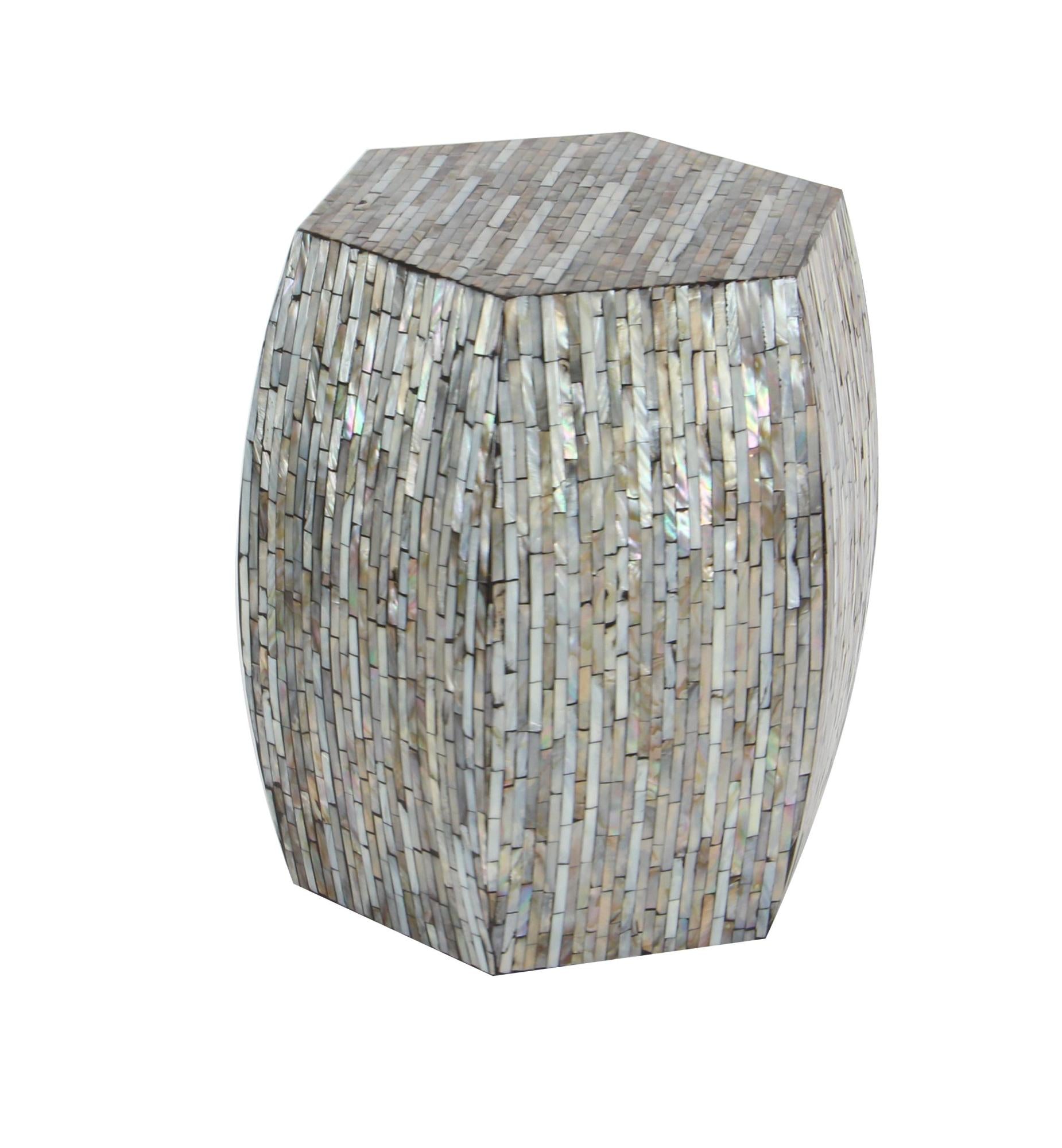 Geometric Gray Mother of Pearl Shell Handmade Shell Mosaic Hexagon Side End Accent Table with Brown Accents