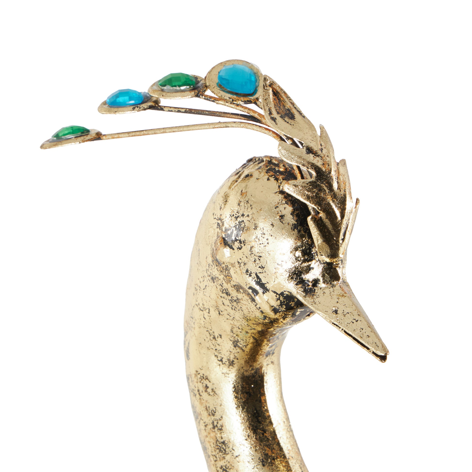Peacock Brass Metal Decorative Garden Sculpture with Blue and Green Jewels