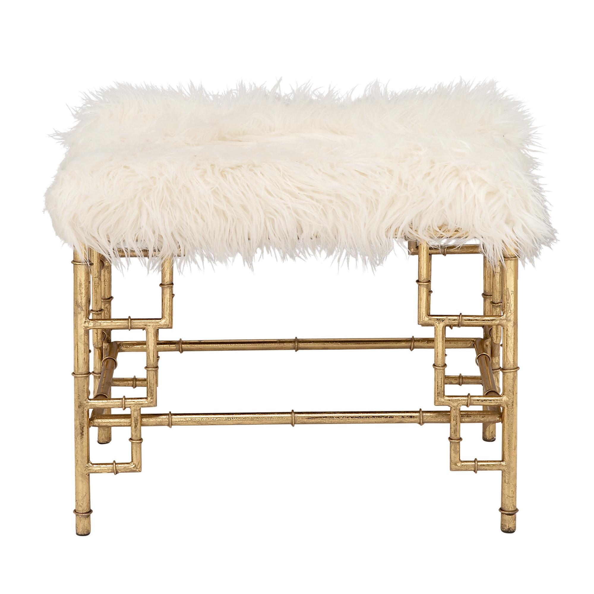 Gold Metal Living Room Stool with Faux Fur