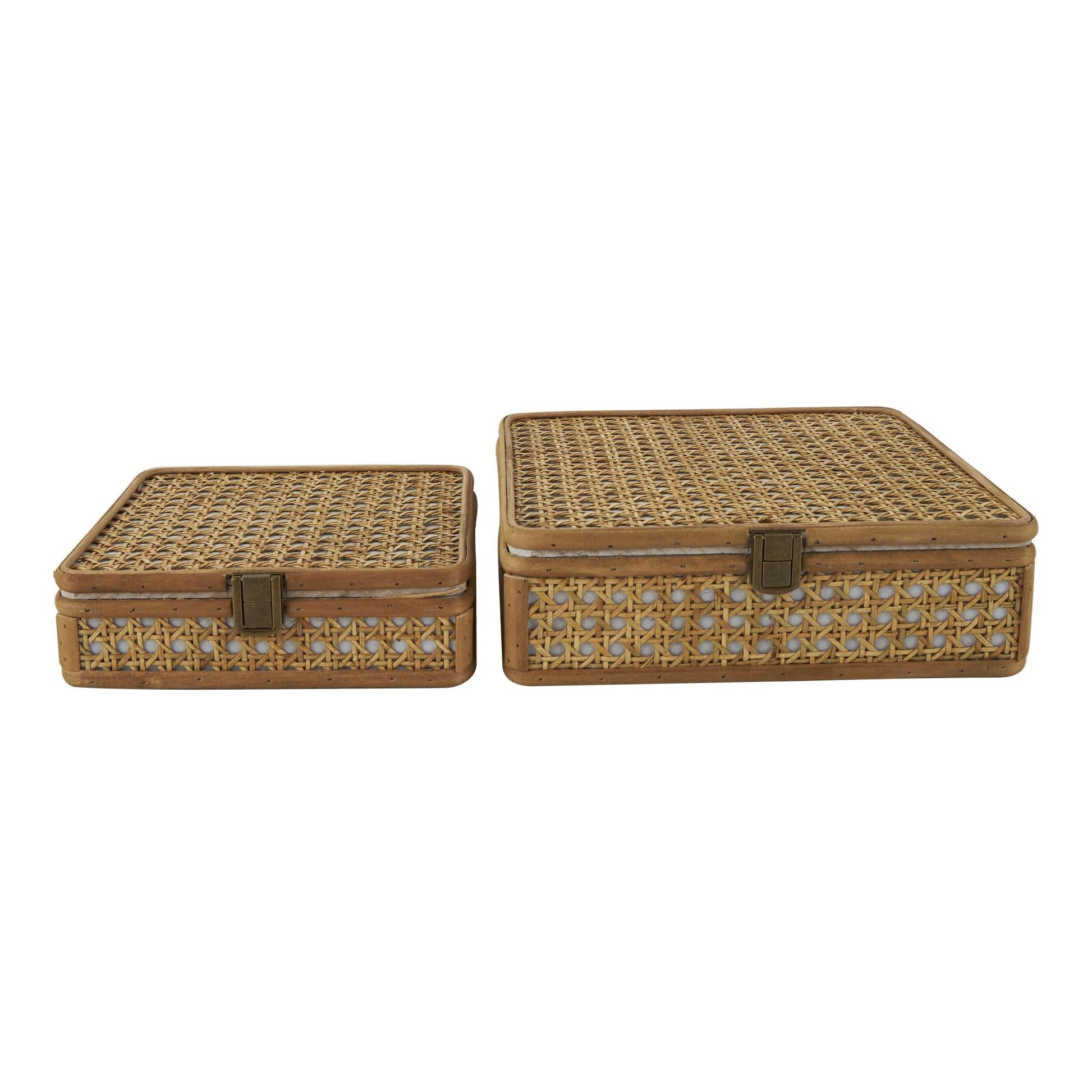 Set of 2 Brown Rattan Handmade Woven Rattan Decorative Box with Bronze Latches