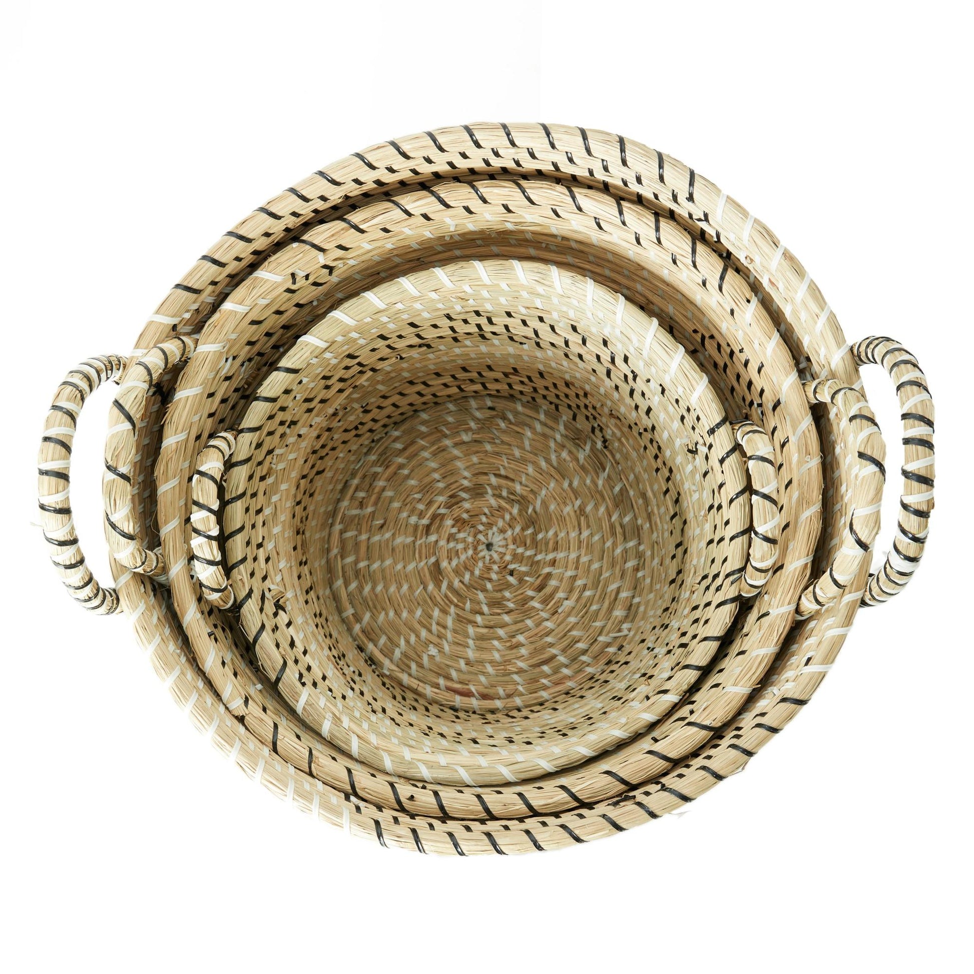 Set of 3 Beige Seagrass Handmade Woven Decorative and Functional Storage Basket with Black and White Zig Zag Pattern