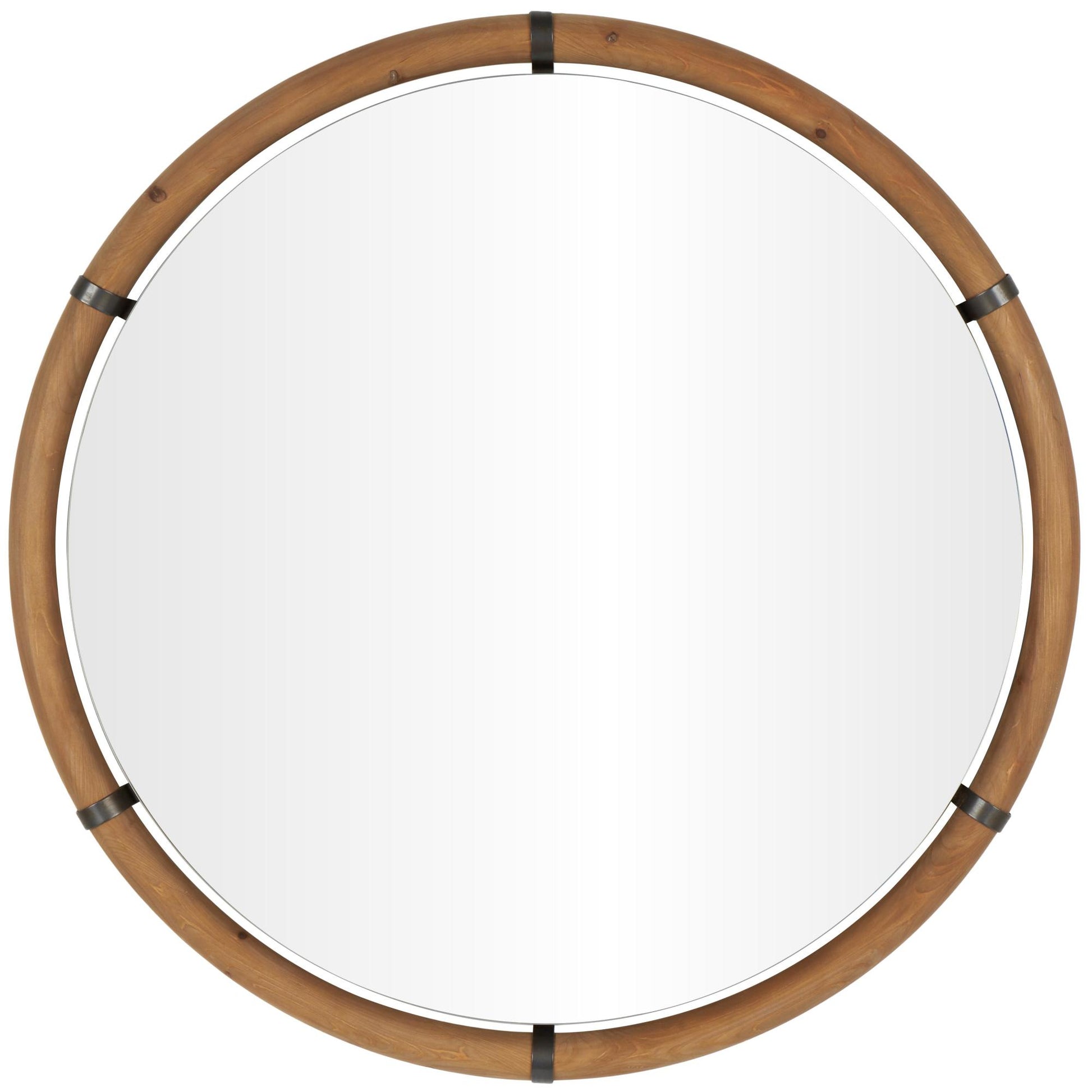 Brown Wood Round Room Wall Mirror with Brass Metal Support