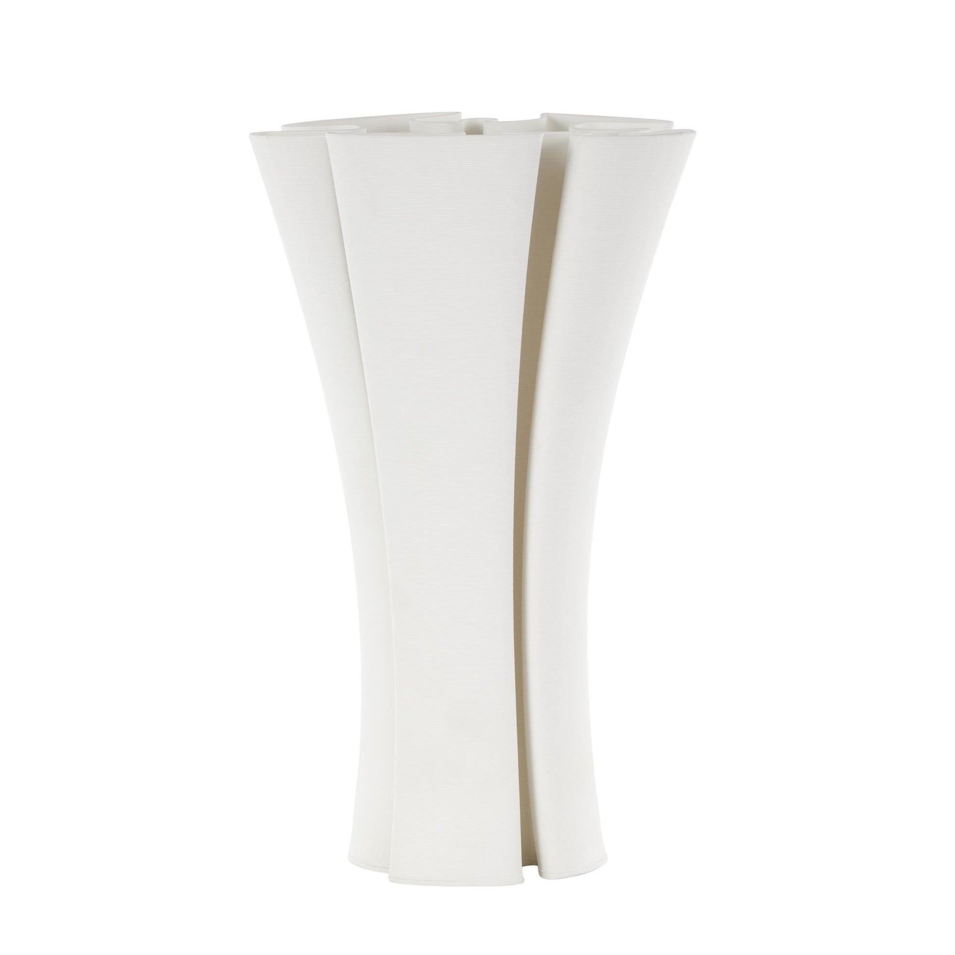 Abstract White Ceramic Ribbed Dimensional Folded Decorative Vase with Curvy Rim