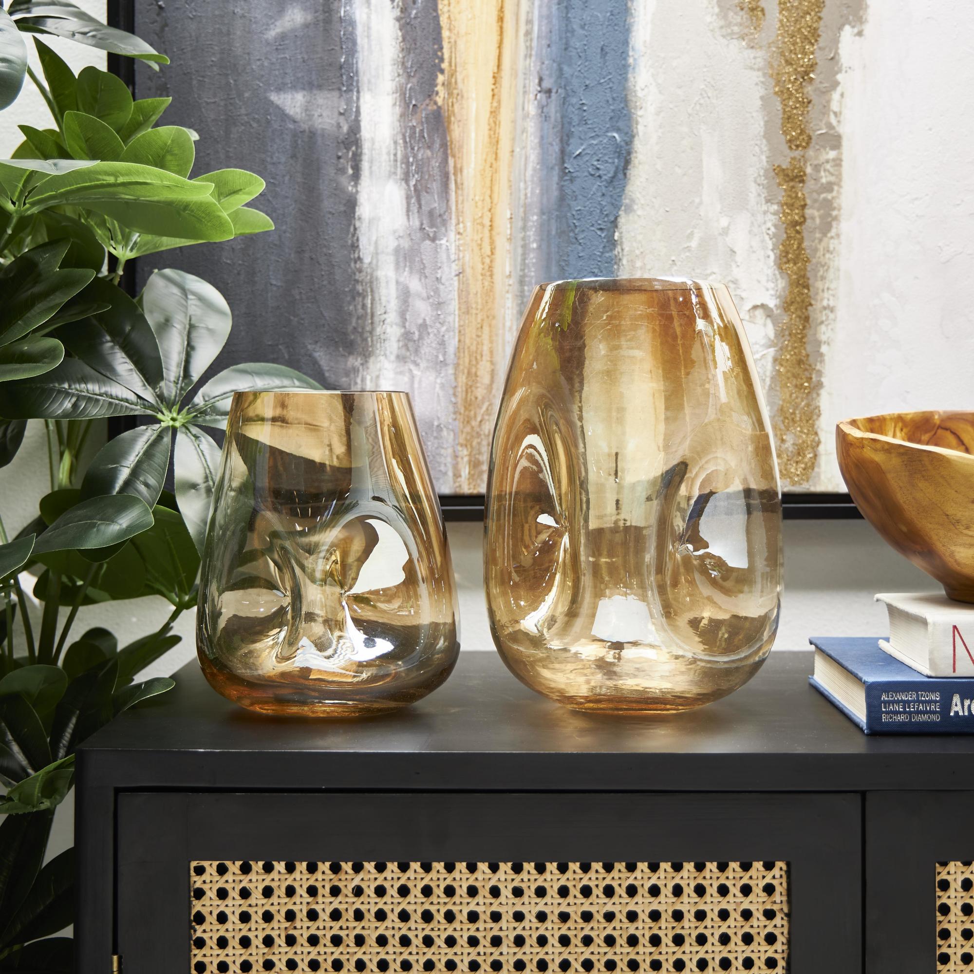 Set of 2 Abstract Gold Glass Concaved Iridescent Decorative Vase
