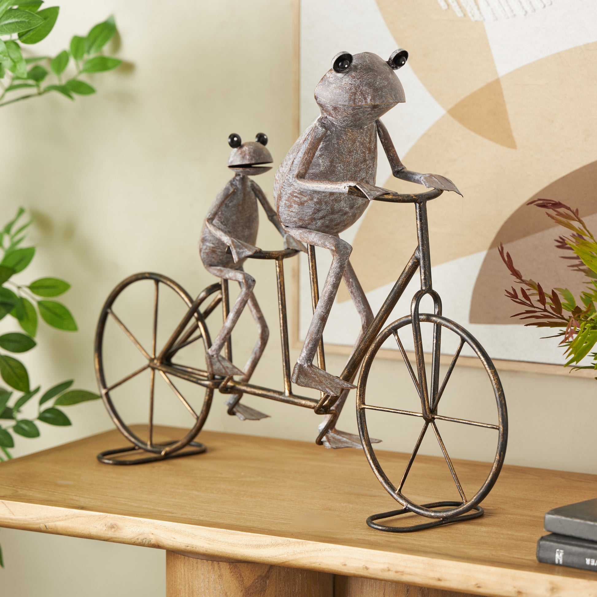 Frog Metal On Bicycle Decorative Garden Sculpture with Gold Accents 23" x 6" x 17"