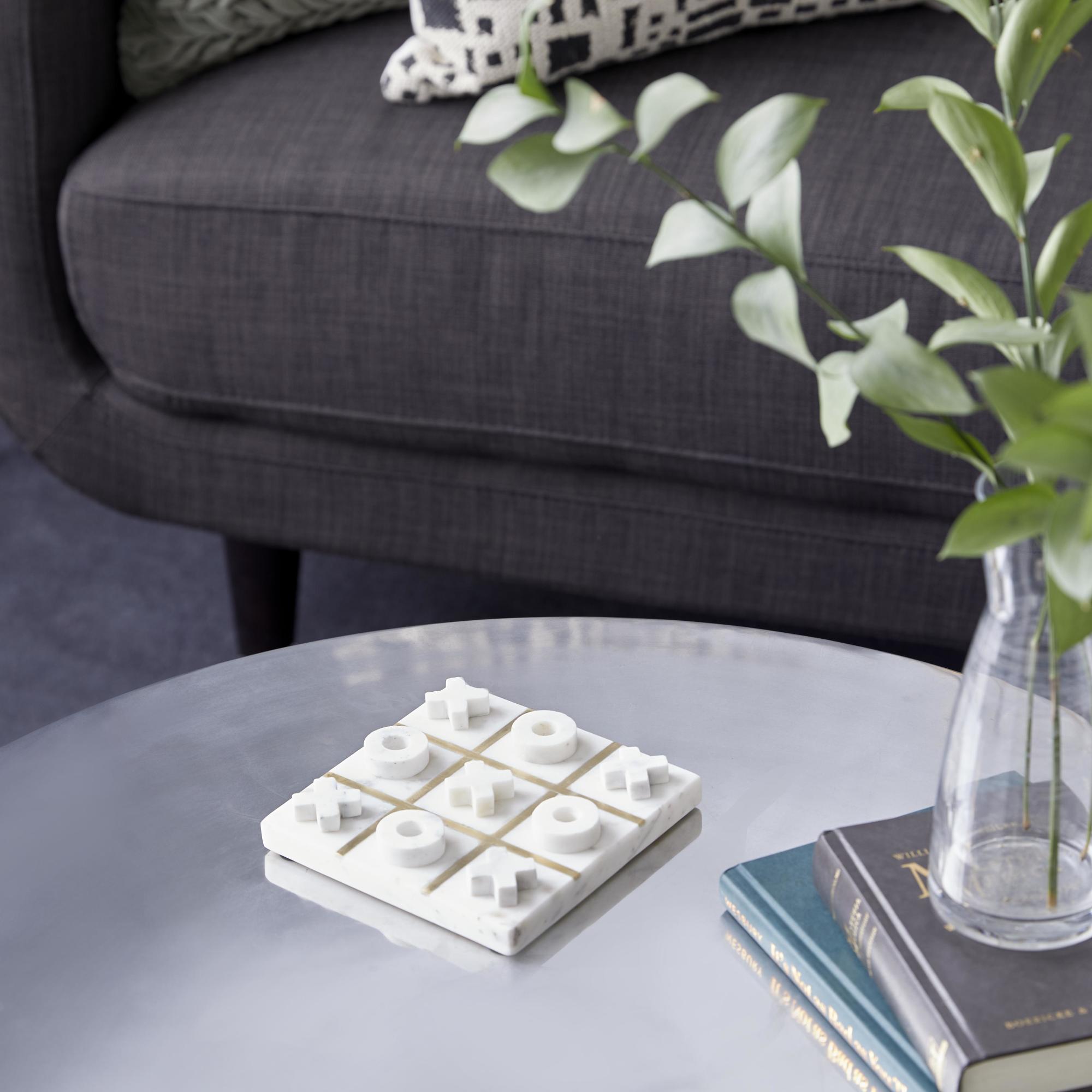 Tic Tac Toe Marble Home Decor Game Set with Silver Metal Accents 6" x 6" x 1"