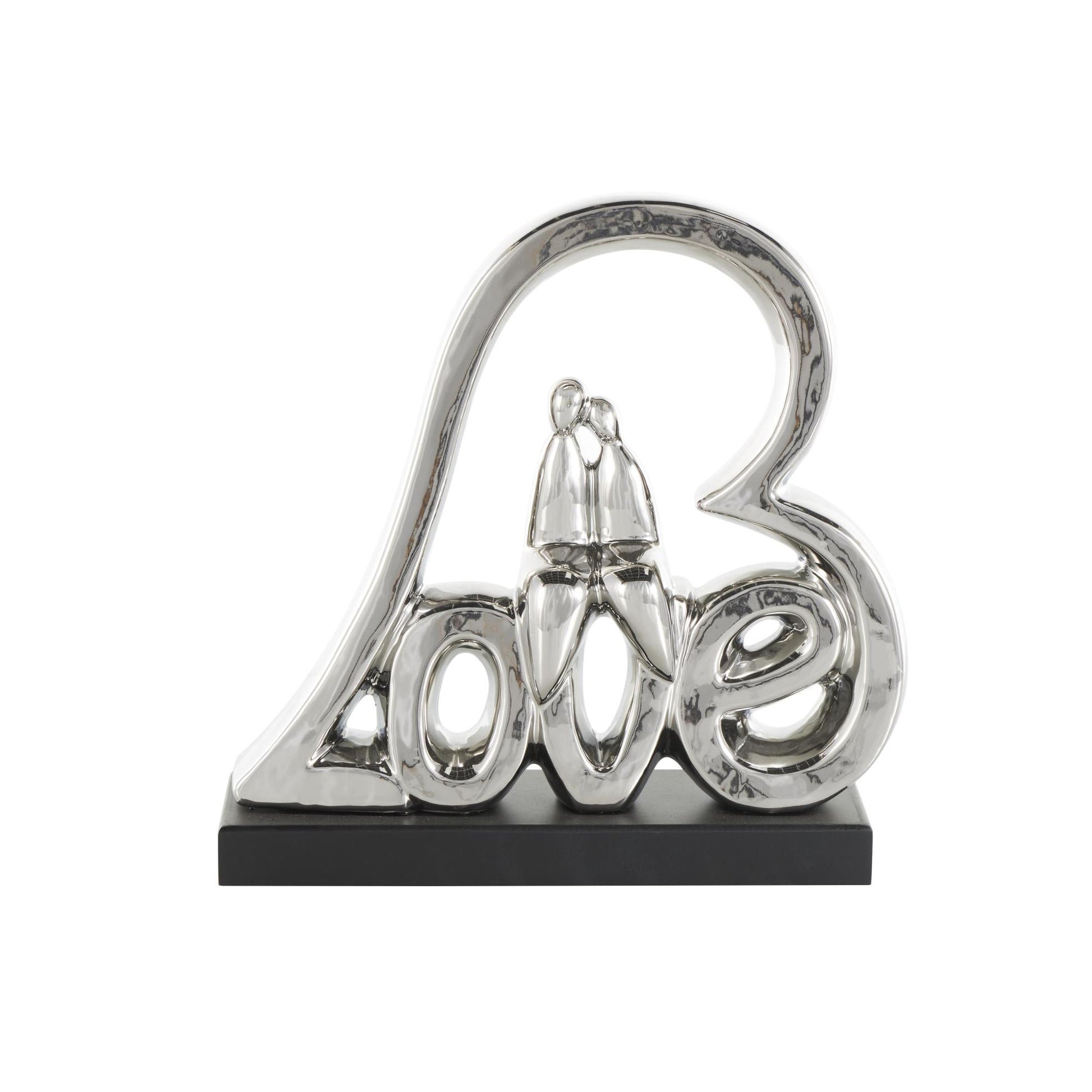 Heart Silver Ceramic Family Love Decorative Sculpture with Black Base