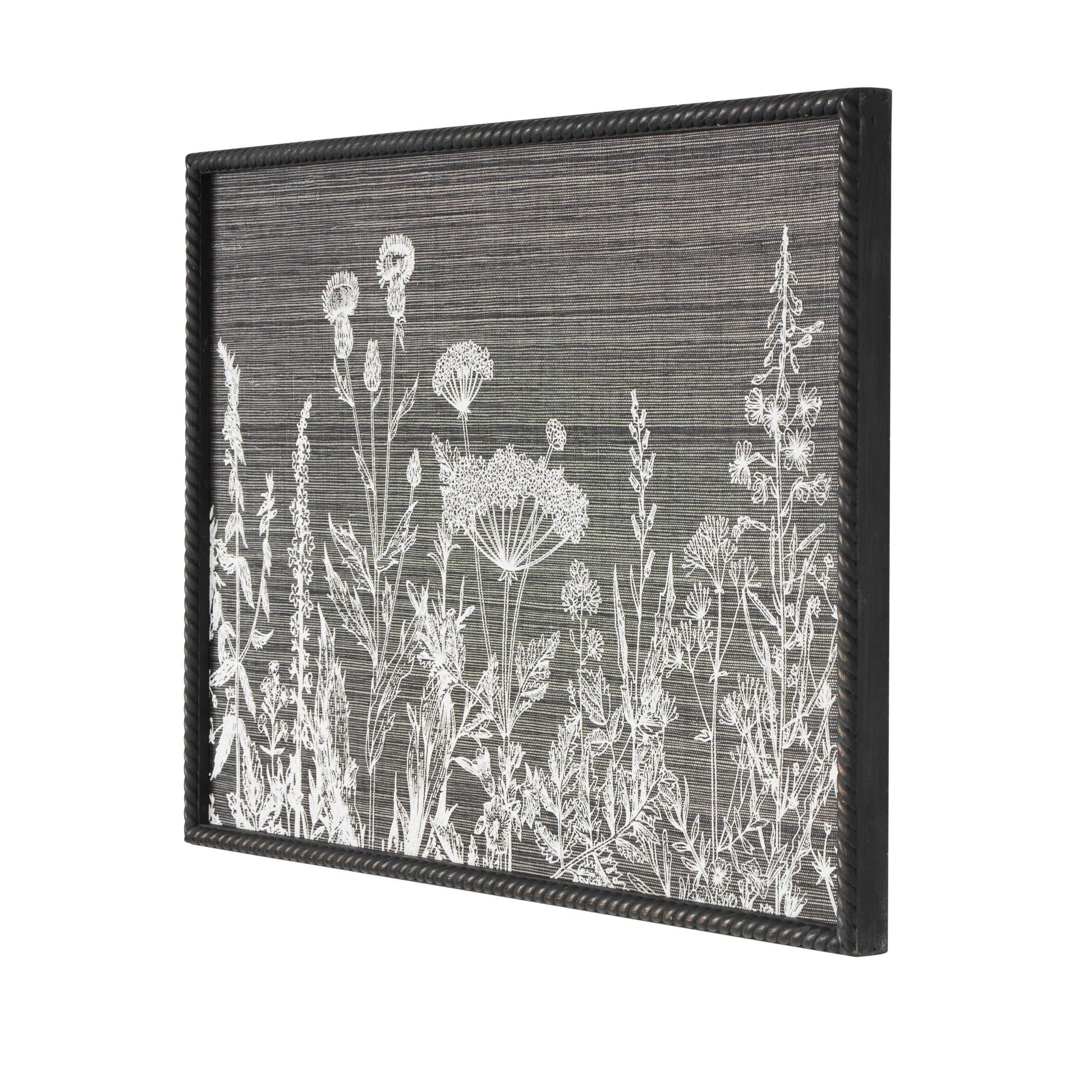 Floral Black Wood Relief Living Room Framed Wall Art with Gray Textured Backing and Black Twisted Frame