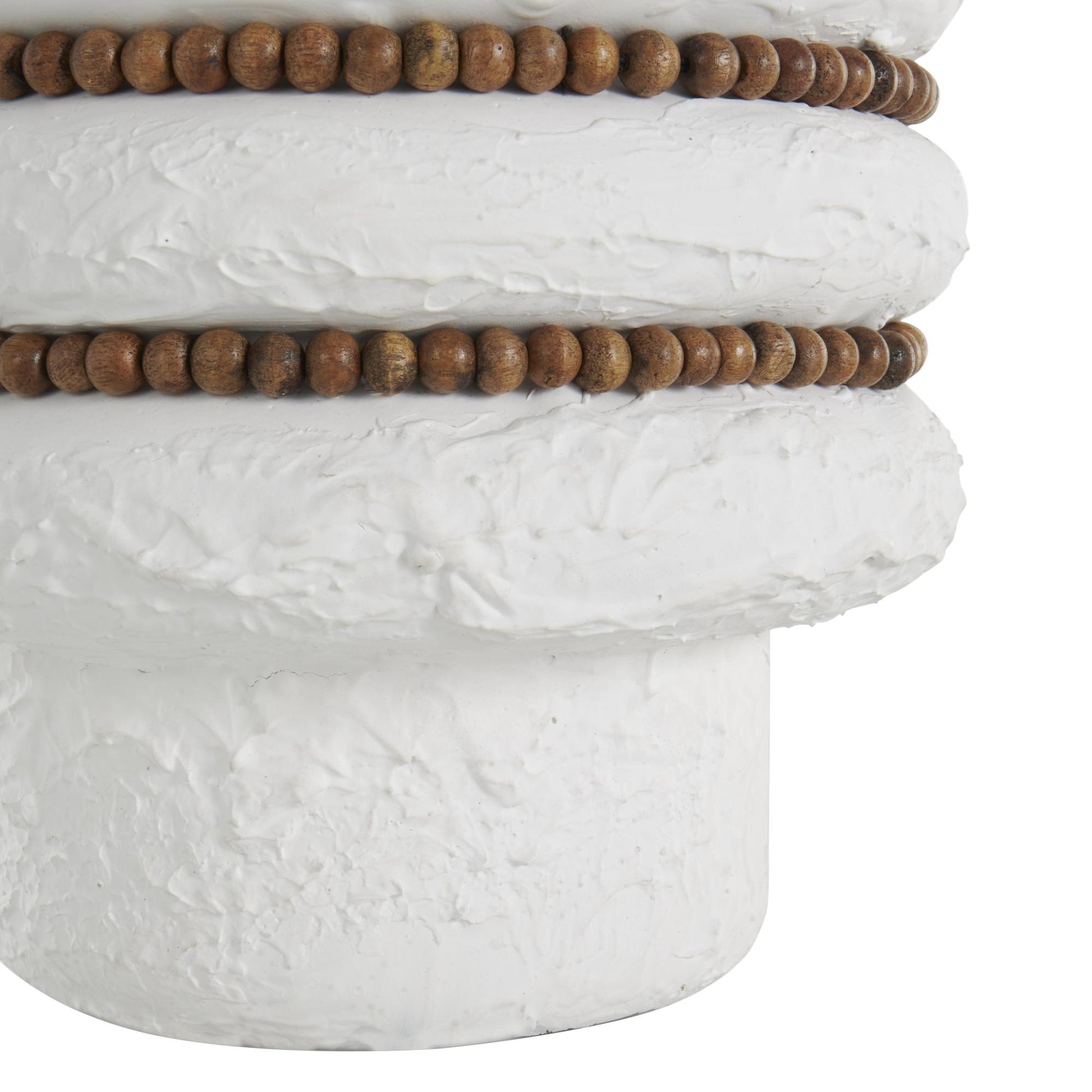 Set of 2 White Glass Textured Decorative Vase with Brown Wood Beaded Stripes