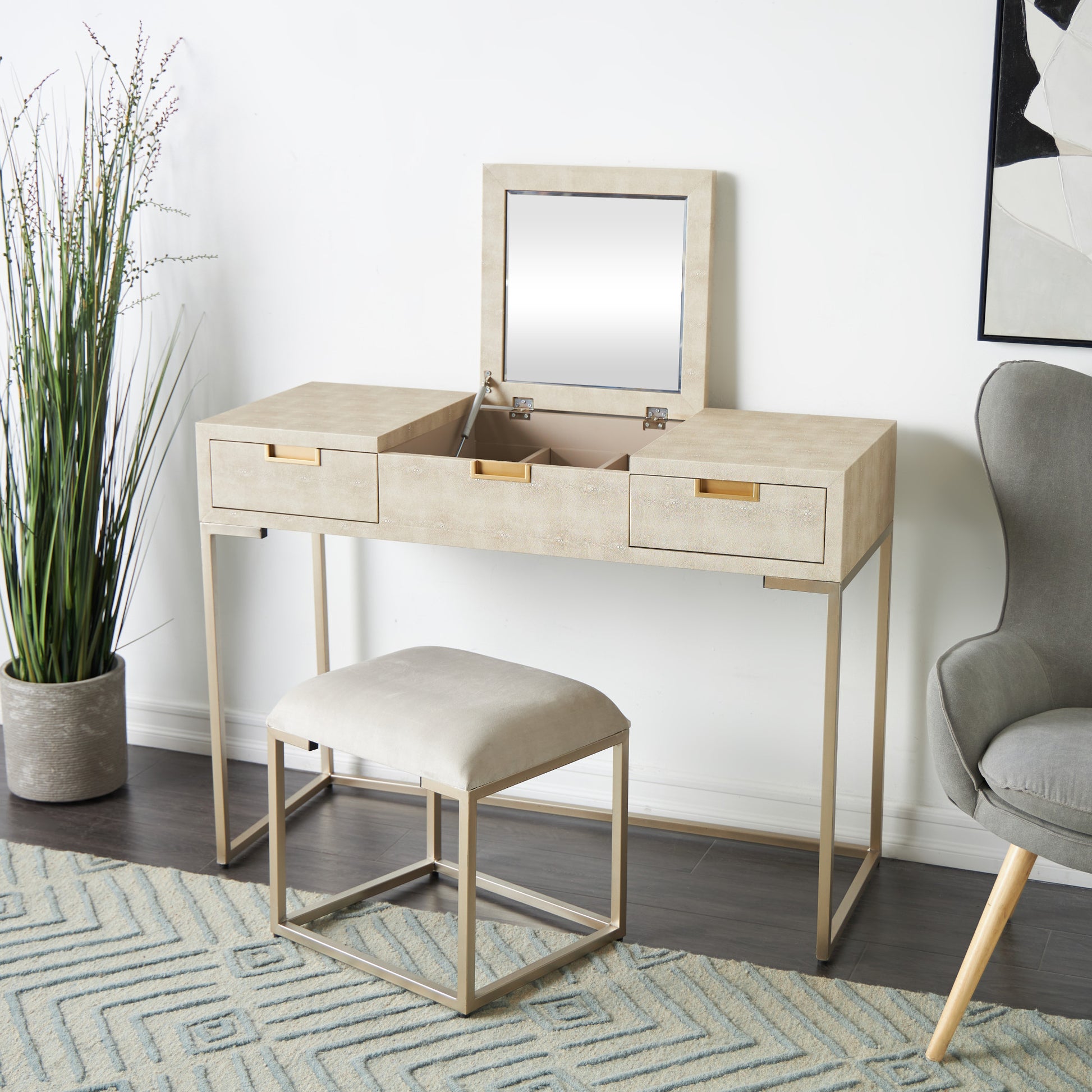 Light Gray Wood Bedroom Vanity with Stool with Hidden Mirror