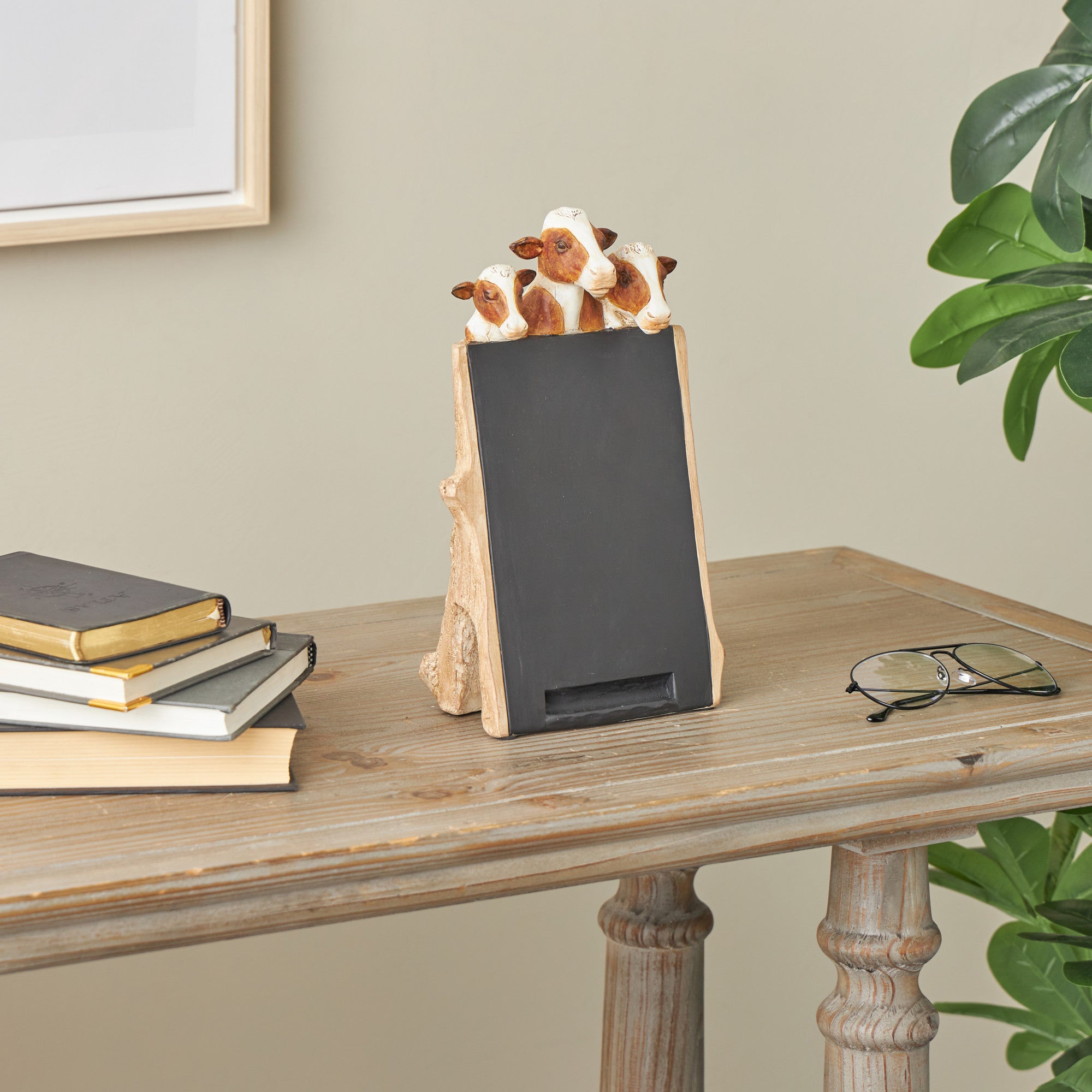 Cow Black Polystone Chalkboard Home Decorative Sign with Brown Tree Trunk Frame