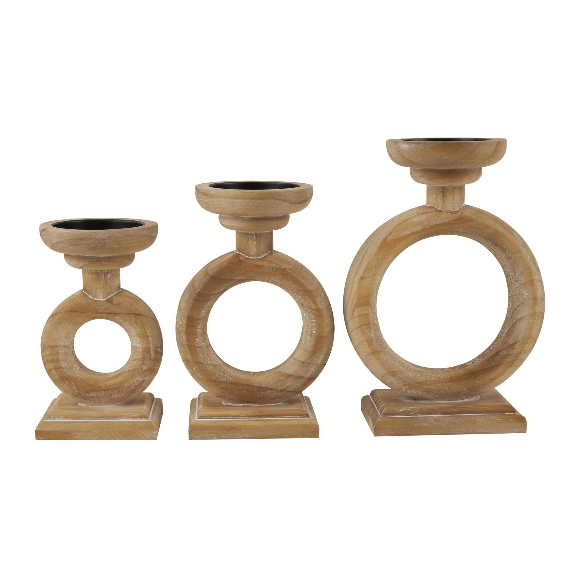 Set of 3 Brown Wood Circular Ring Decorative Candle Holder