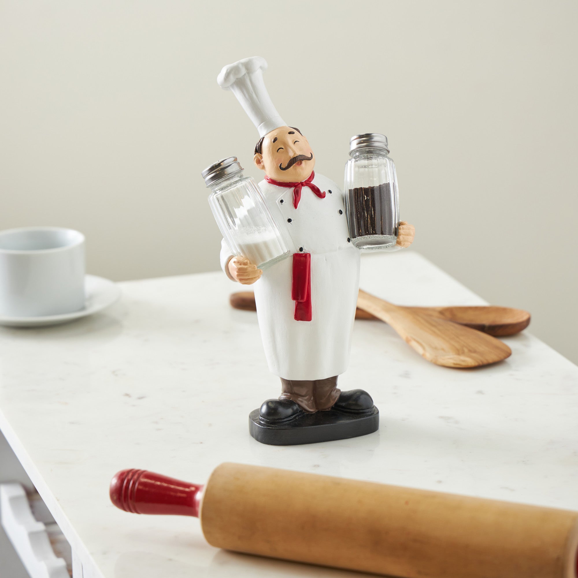 Chef White Polystone Kitchen Decorative Figurine Decorative Salt and Pepper Shaker Holder with Red Accents