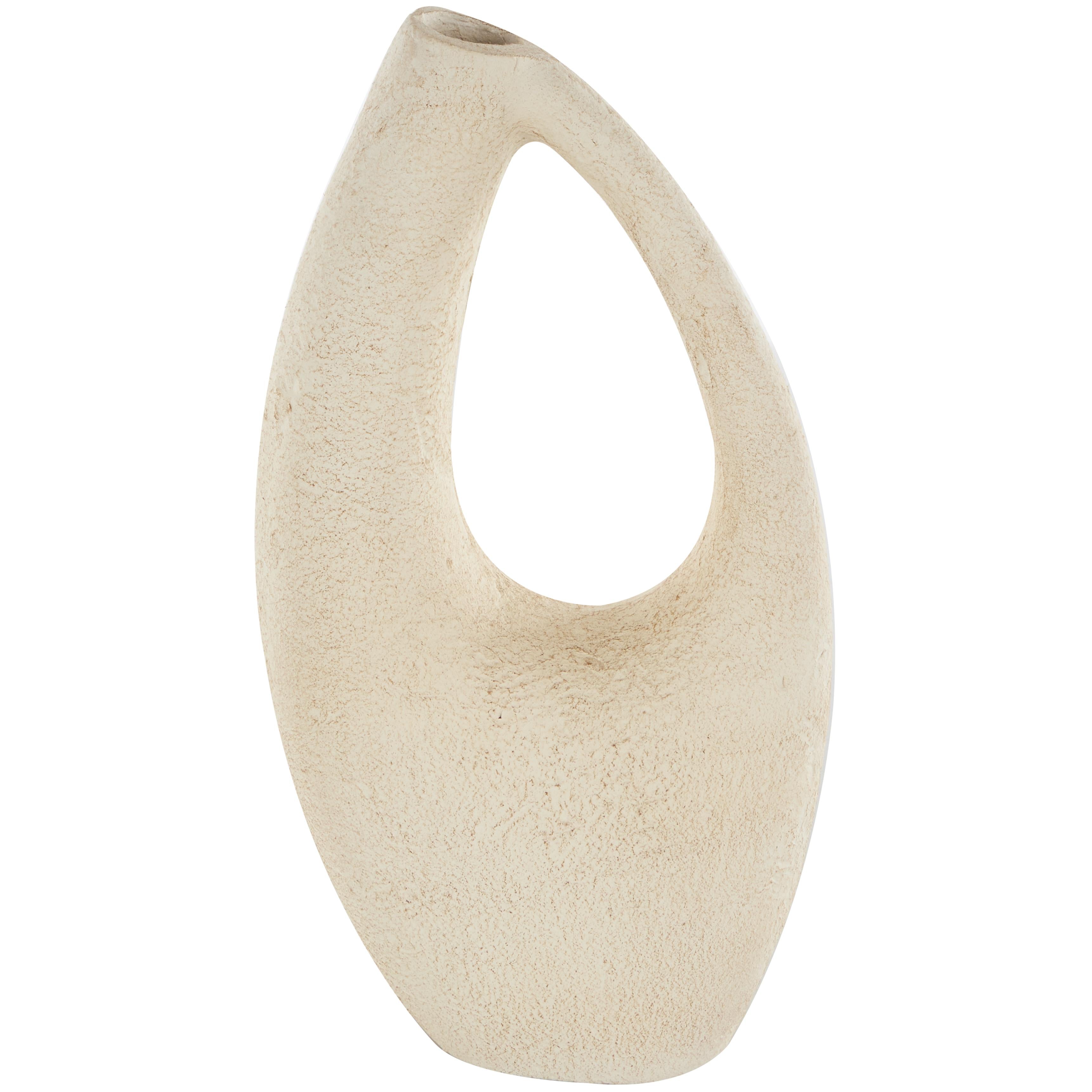 Abstract Cream Paper Mache Curved Cutout Decorative Vase with Brown Distressed Texturing