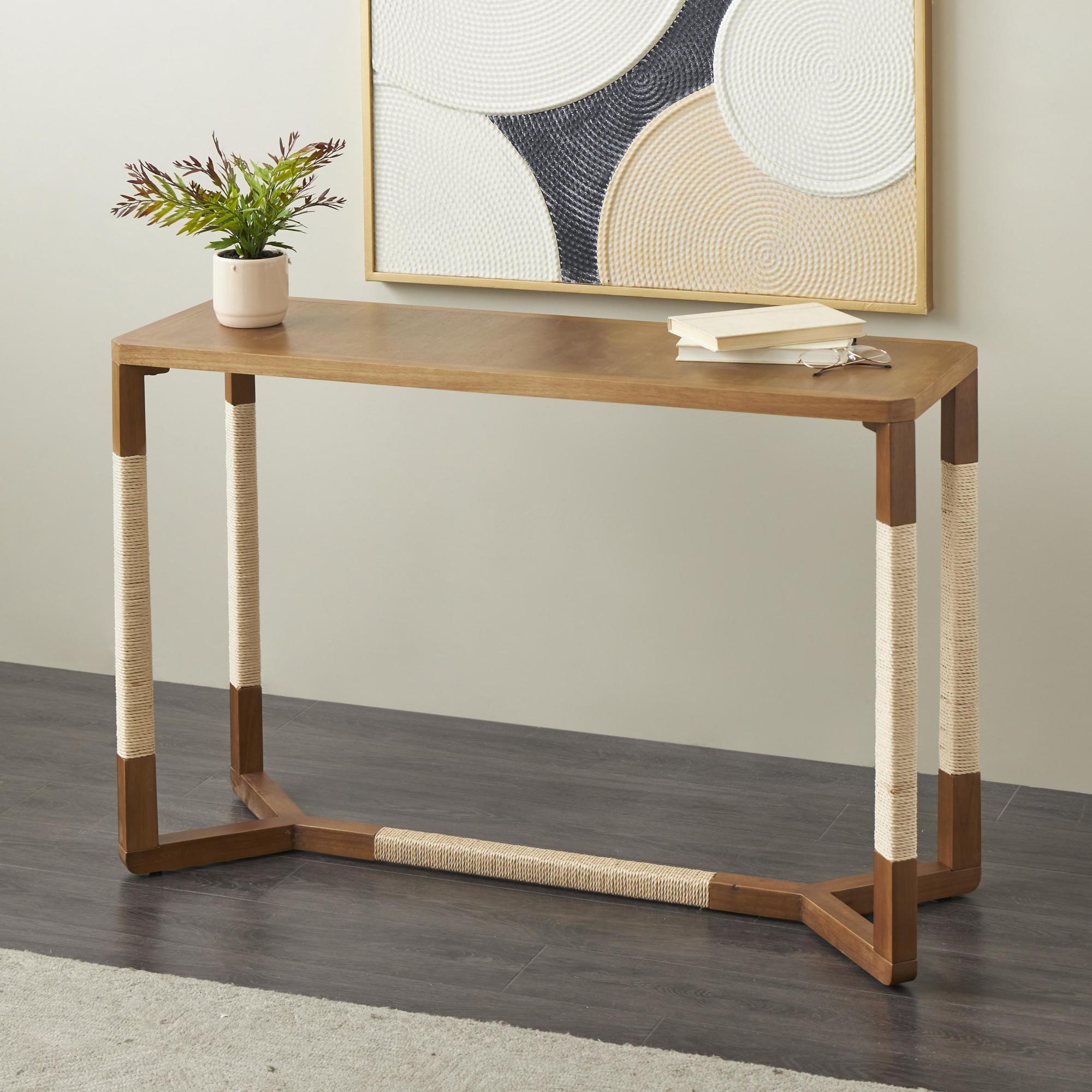 Brown Wooden Rectangular Living Room Console Table with Rope Wrapped Frame