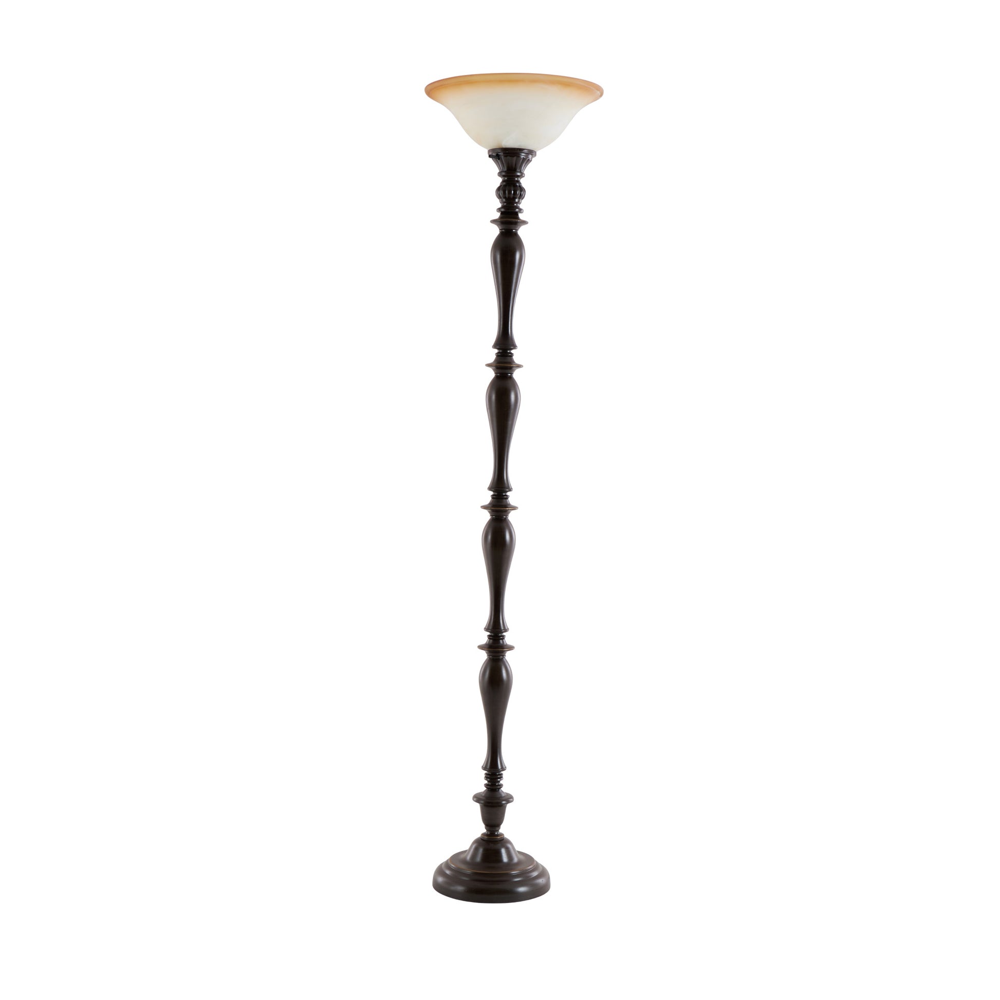 Brown Polystone Antique Style Turned Room Torchiere with Cream Glass Shade