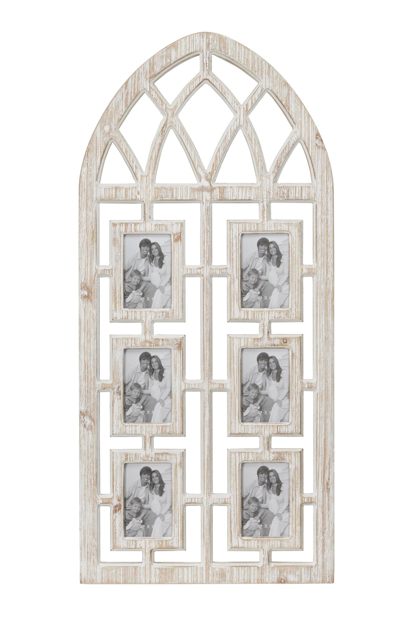 Light Brown Wooden 6 Slot Ornate Wall Photo Frame with Window Arch Shape