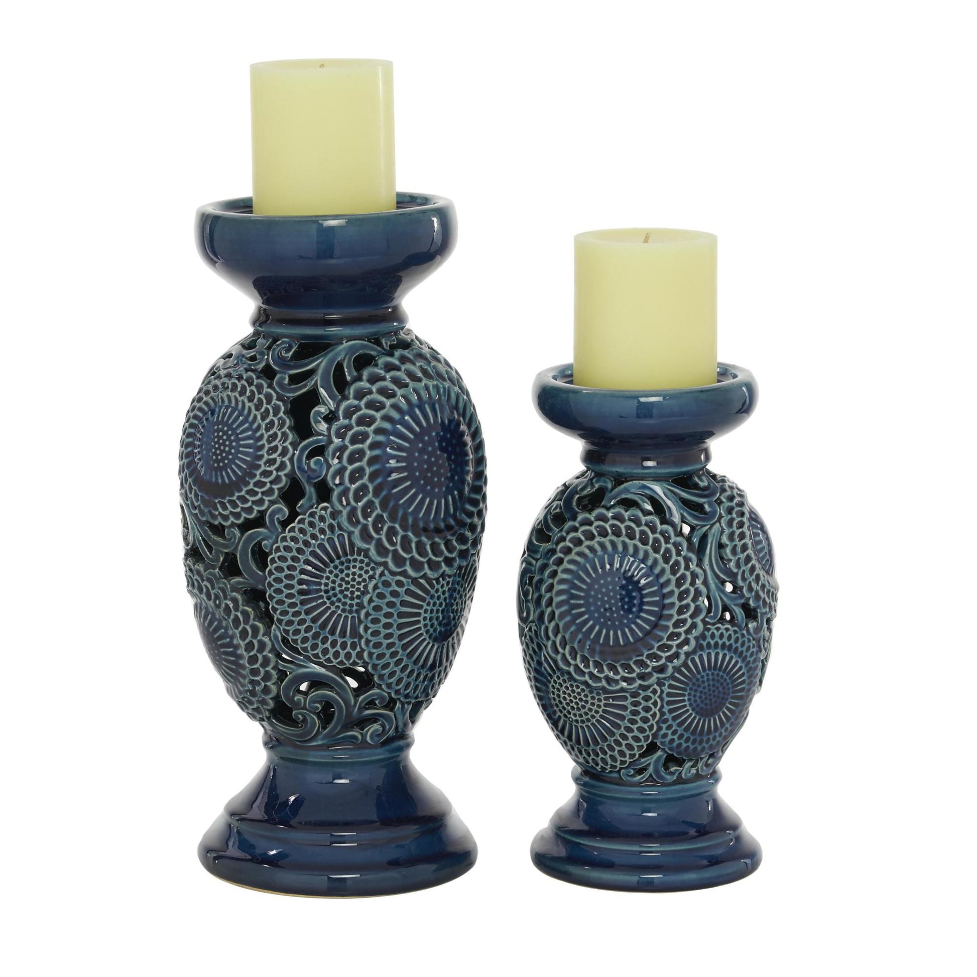 Set of 2 Floral Blue Ceramic Pillar Decorative Candle Holder