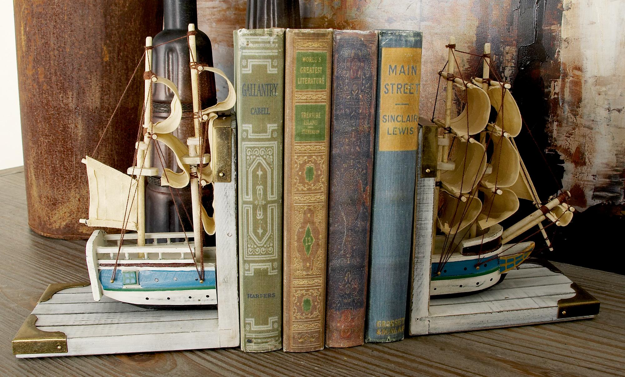 Set of 2 Sail Boat White Wood Decorative Bookends with Real Boat Rigging and Gold Corners