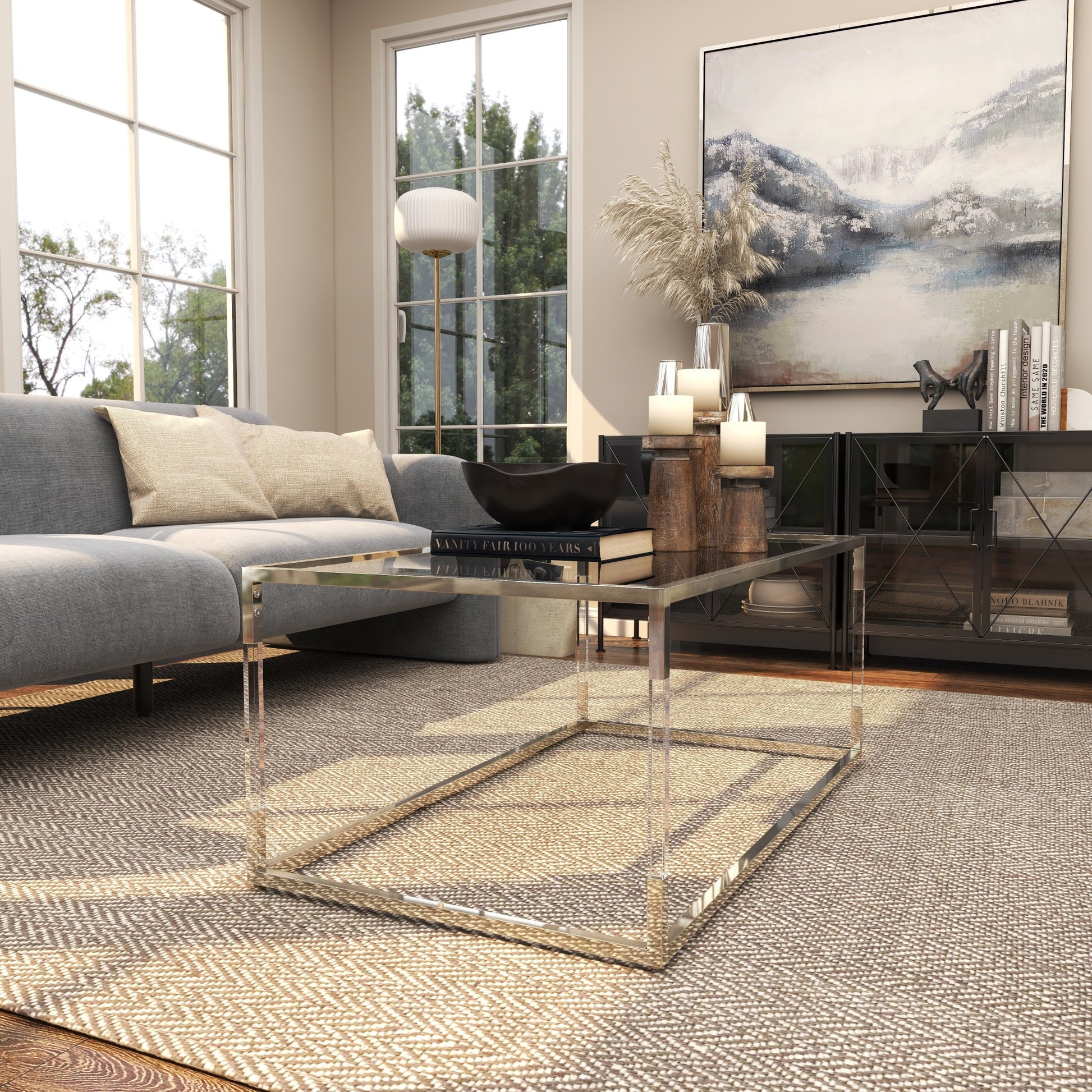 Metal Living Room Coffee Table with Clear Glass Top and Acrylic Legs