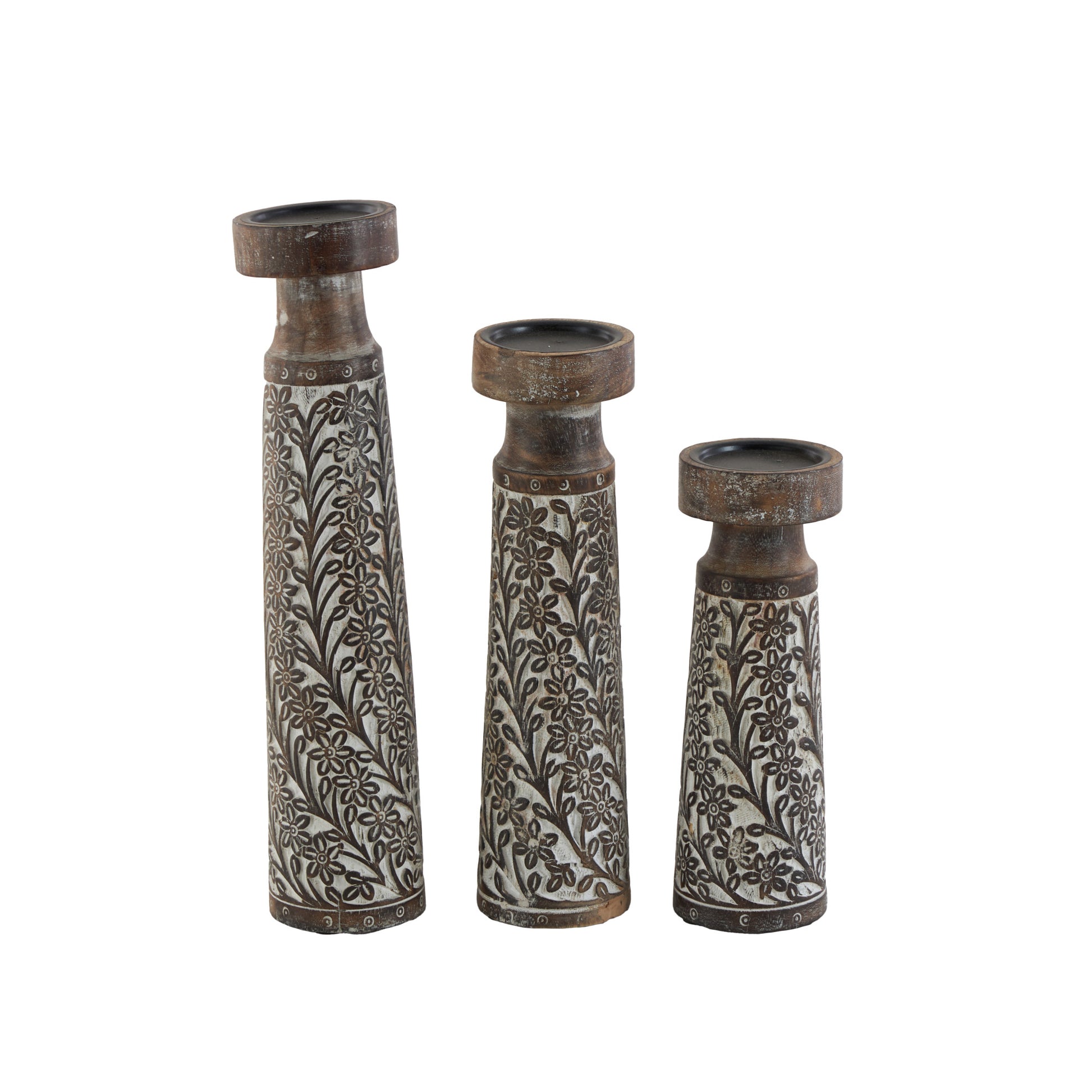 Set of 3 Floral Mango Wood Handmade Vine Decorative Candle Holder with Whitewashed Cream Backing
