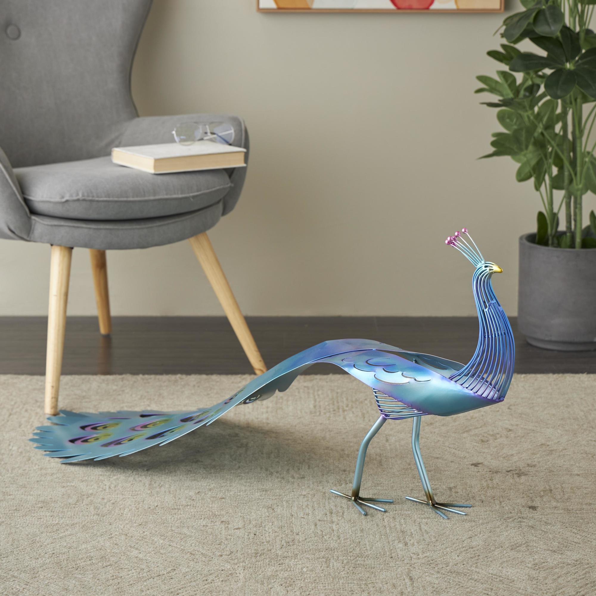 Peacock Blue Metal Decorative Garden Sculpture with Open Wire Framed Body and Rainbow Accents