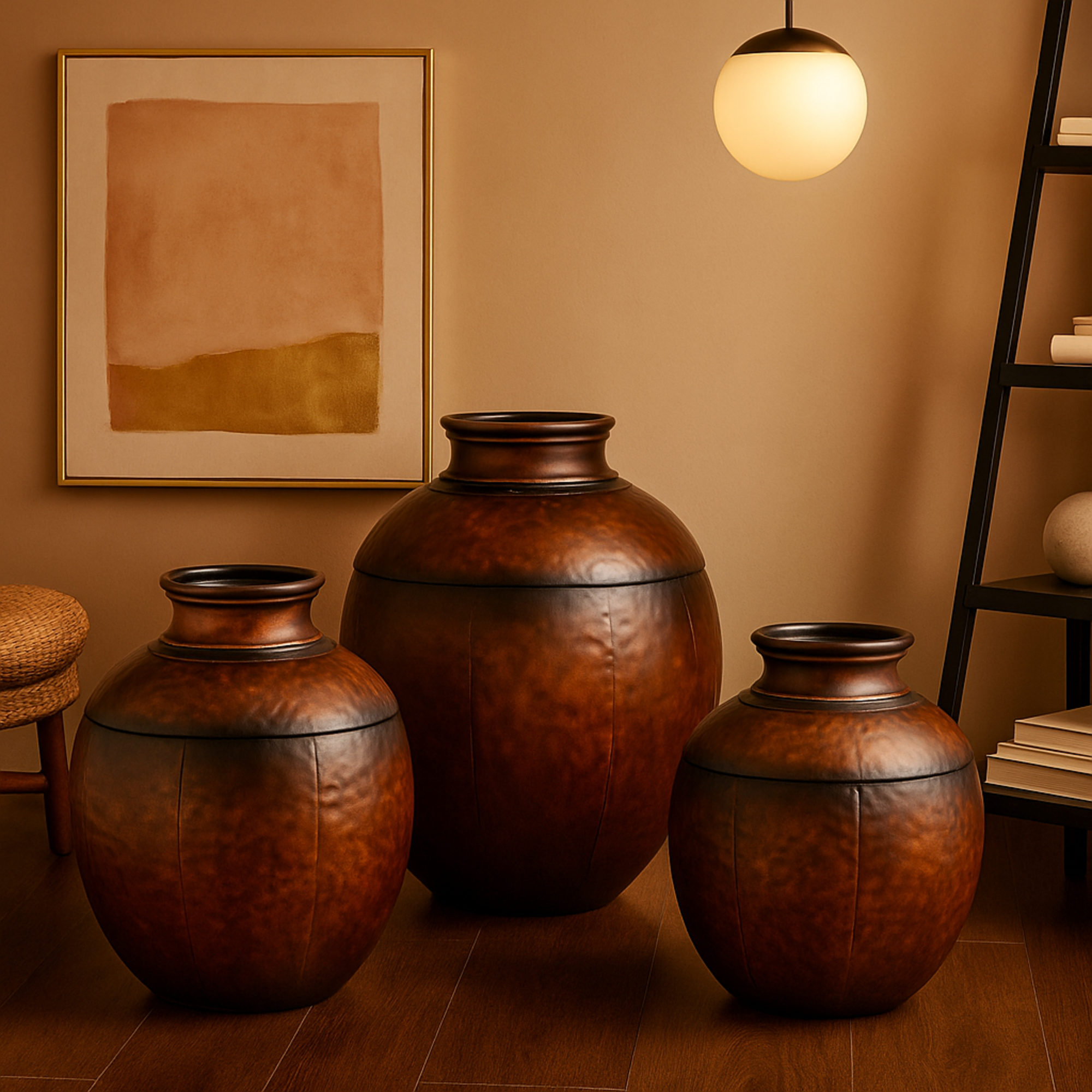 Set of 3 Brown Metal Antique Style Round Pot Floor Decorative Vase