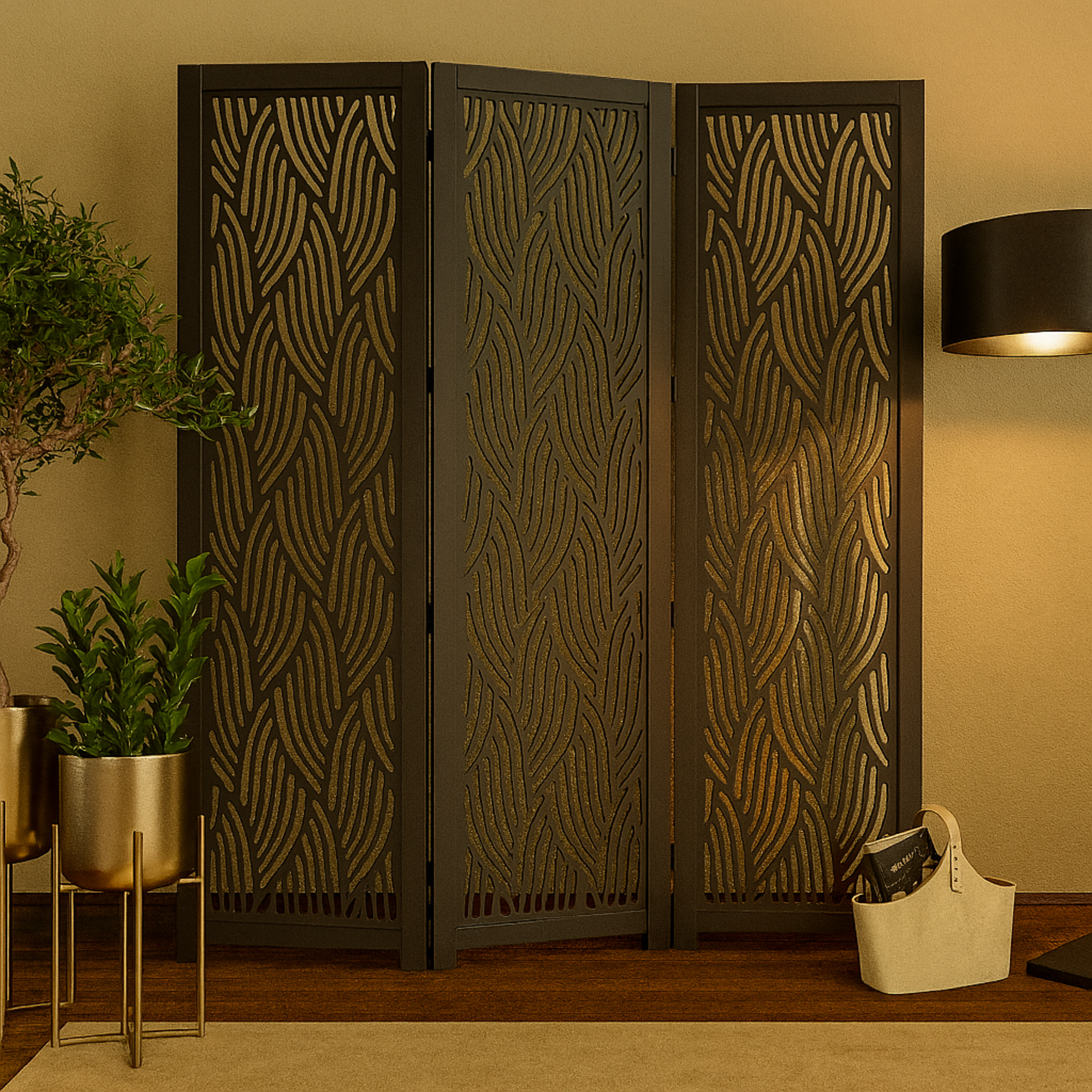 Abstract Black Mango Wood Wavy Cutout 3 Panel Partition Room Divider Screen