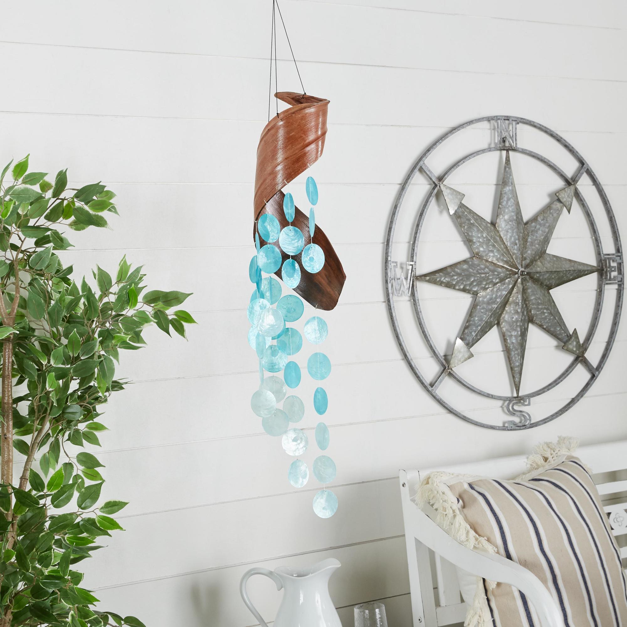 Geometric Teal Shell Spiral Waterfall Indoor Outdoor Windchime with Black Rope