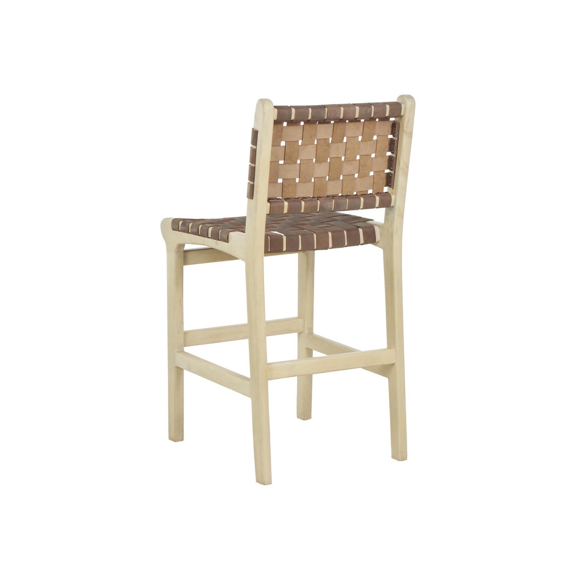 Mango Wood Handmade Woven Kitchen Bar Stool with with Backrest and Footrest
