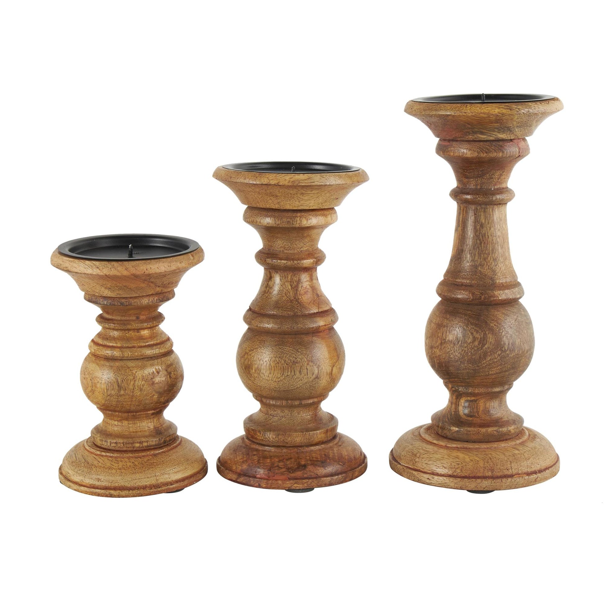Set of 3 Mango Wood Distressed Turned Pillar Decorative Candle Holder