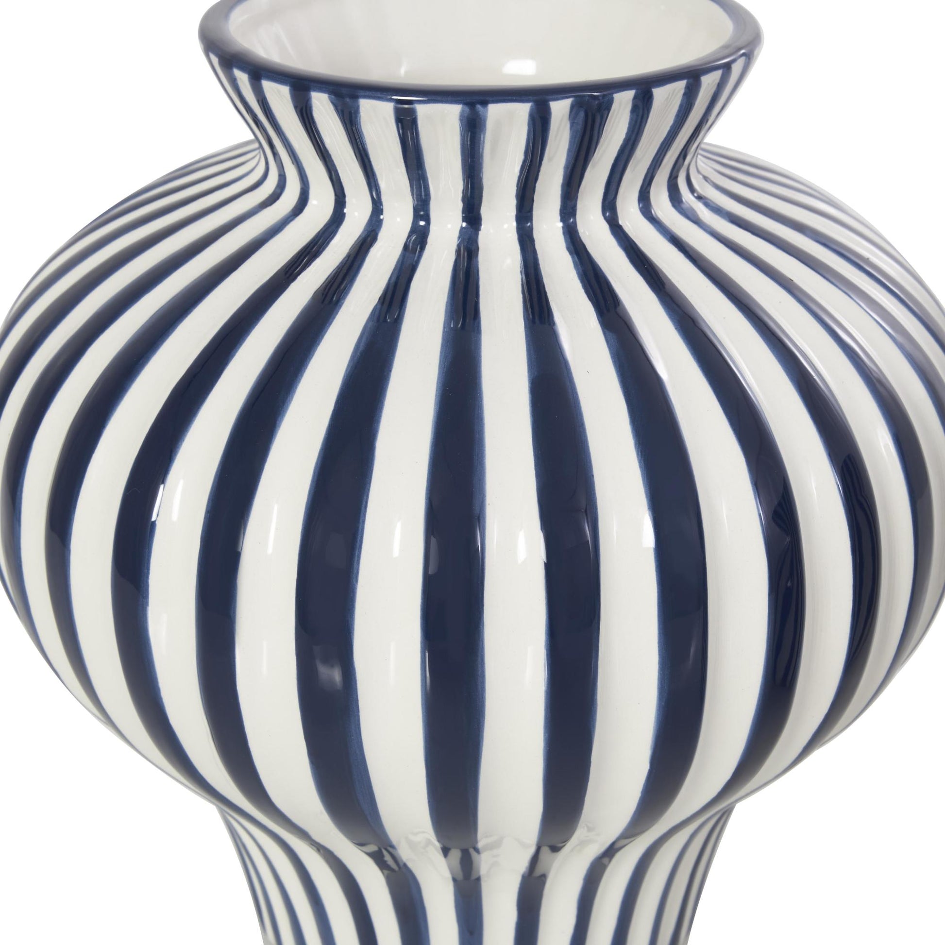 Set of 2 Blue Ceramic Striped Rounded Decorative Vase with Varying Shapes