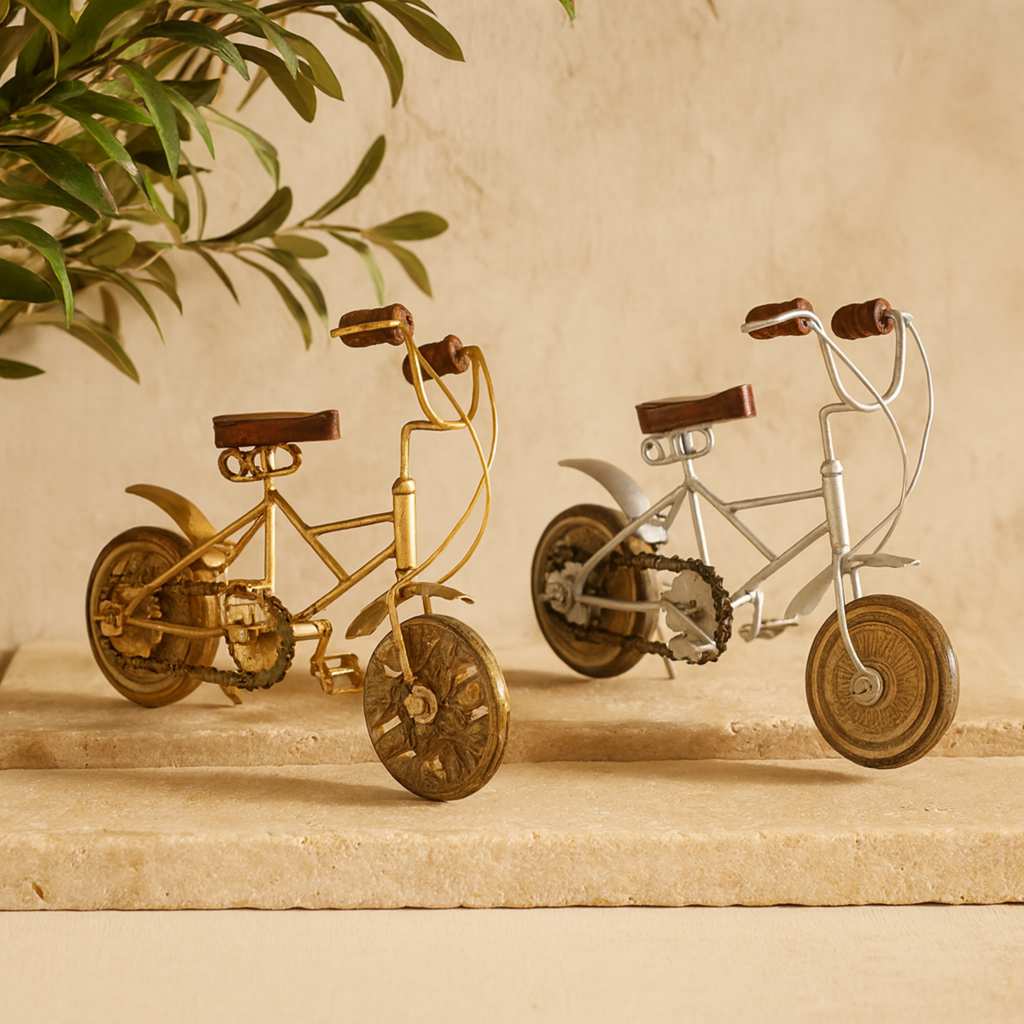 Set of 2 Bike Multi Colored Metal Decorative Sculpture with Wood Wheels