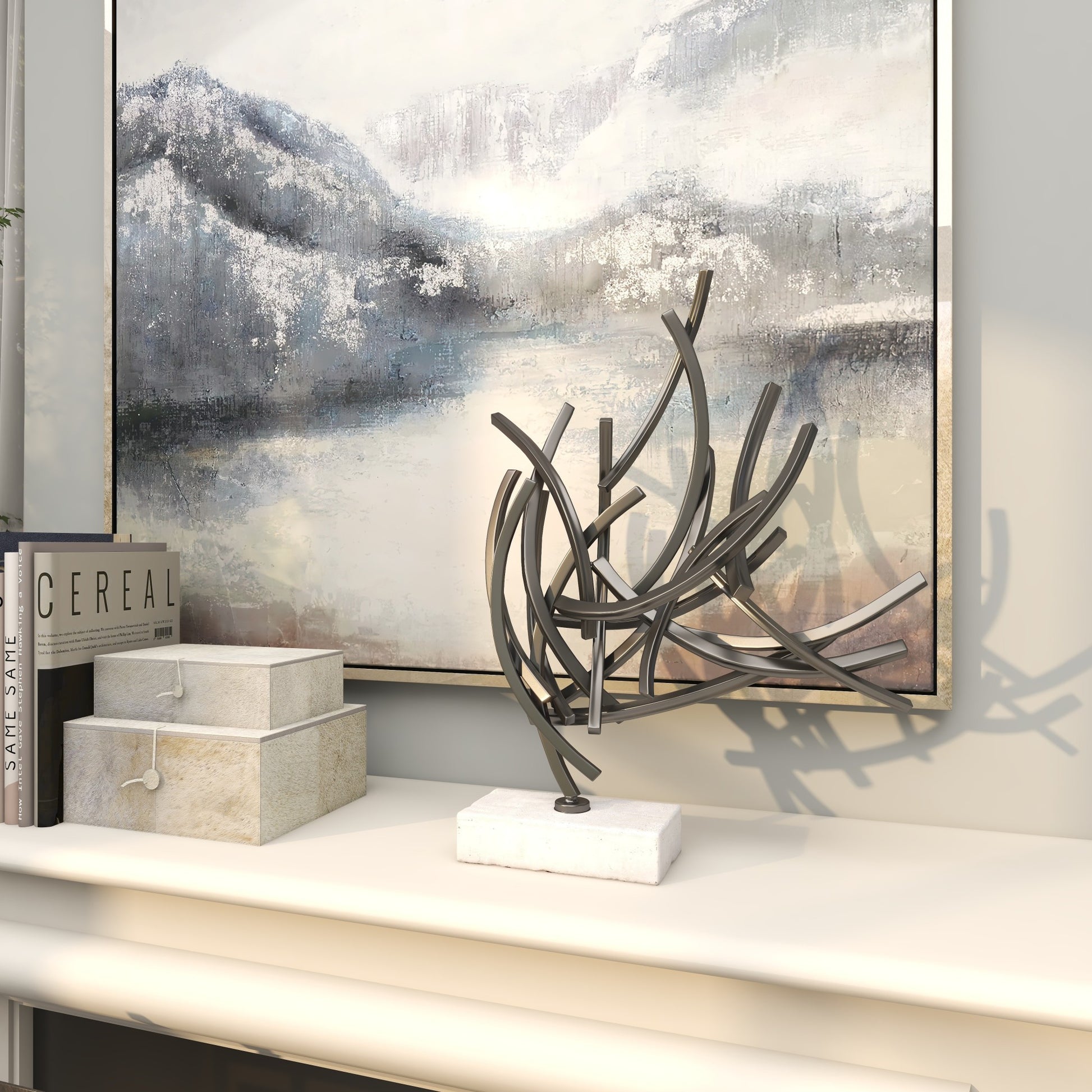 Abstract Dark Gray Metal Decorative Sculpture with Marble Base