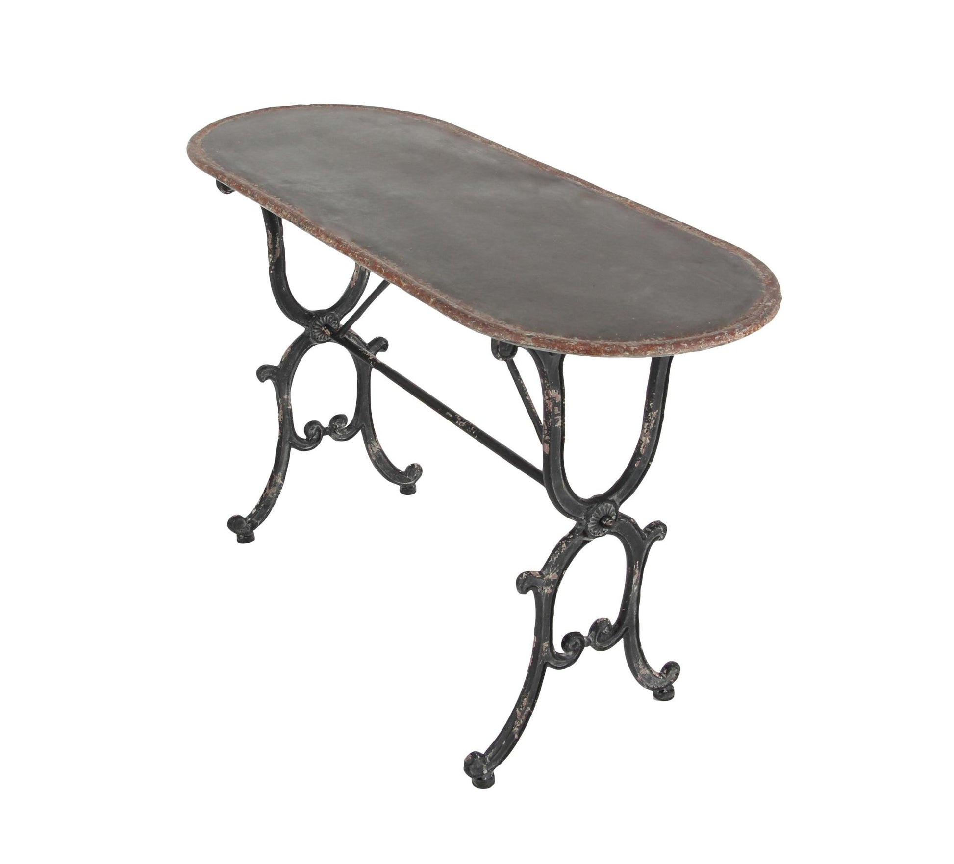 Scroll Gray Metal Oval Living Room Console Table with Distressed Accents