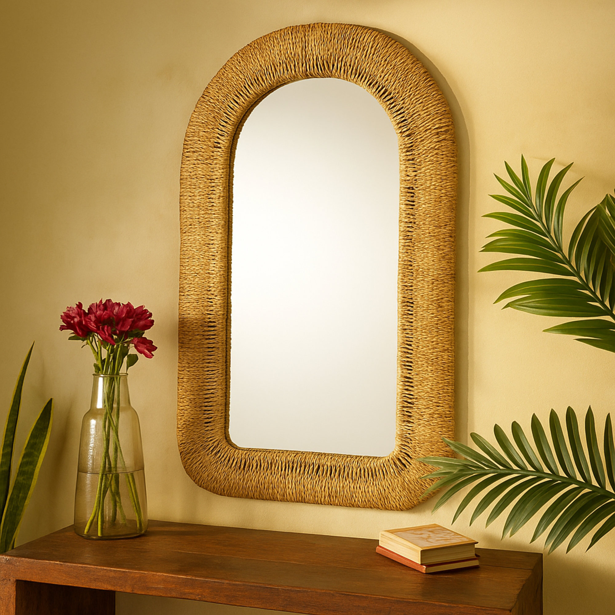 Brown Rattan Woven Room Wall Mirror with Arched Top