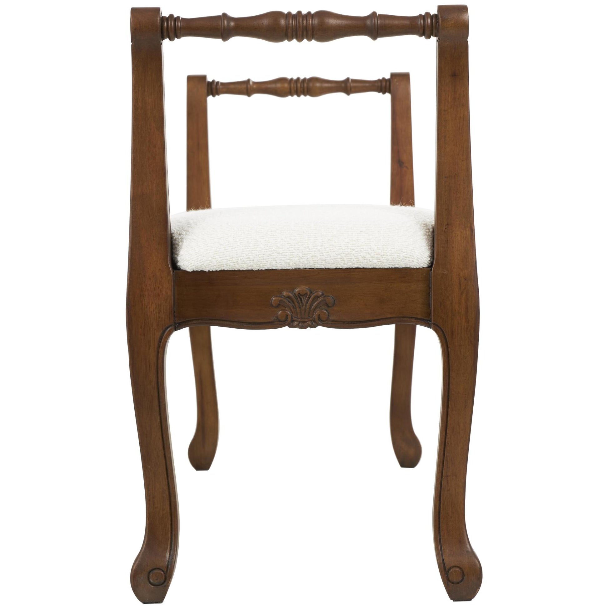 Cream Fabric Arm Home Bench with Brown Traditional Wood Turned Legs
