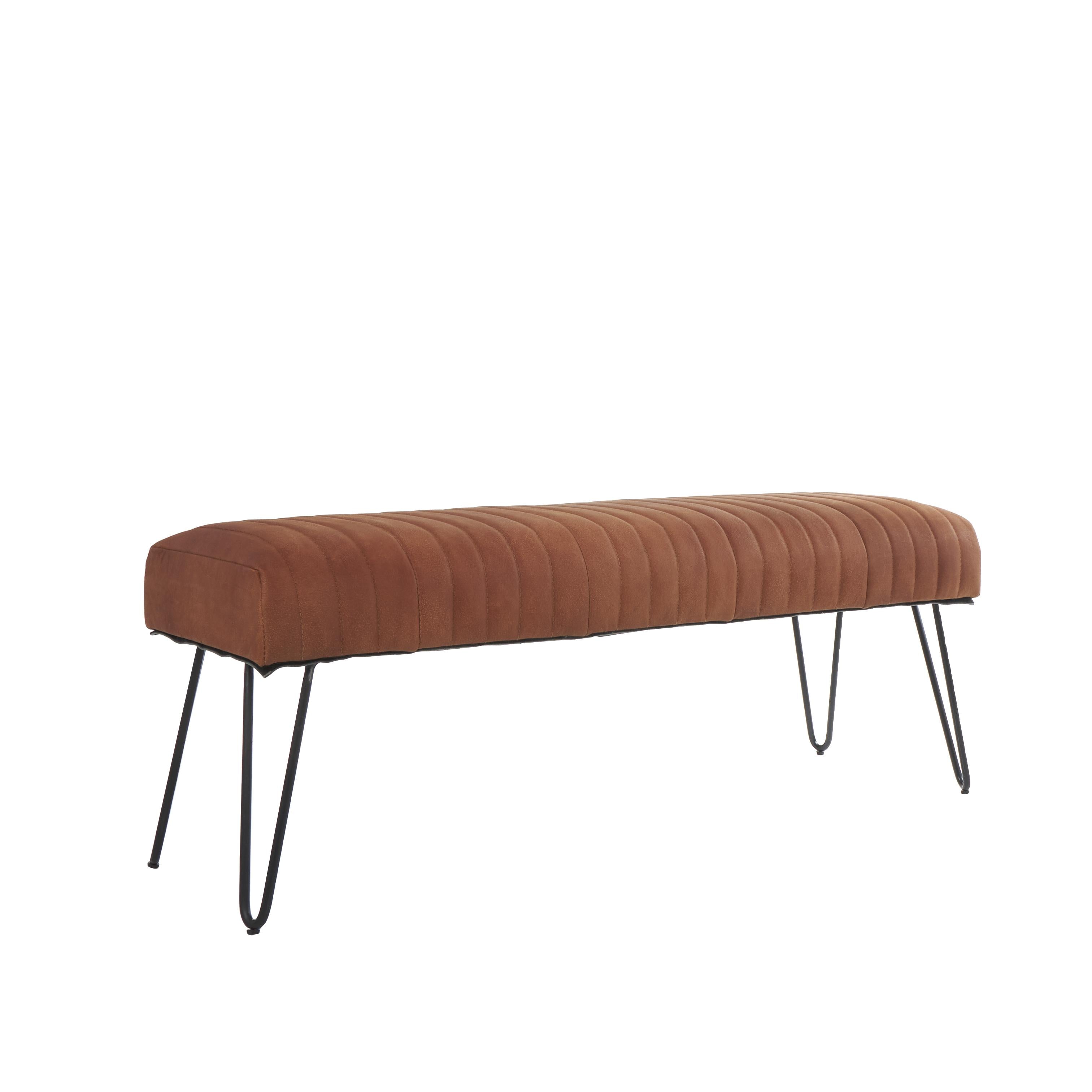 Leather Upholstered Home Bench with Linear Tufted Panels and Black Metal Hairpin Legs